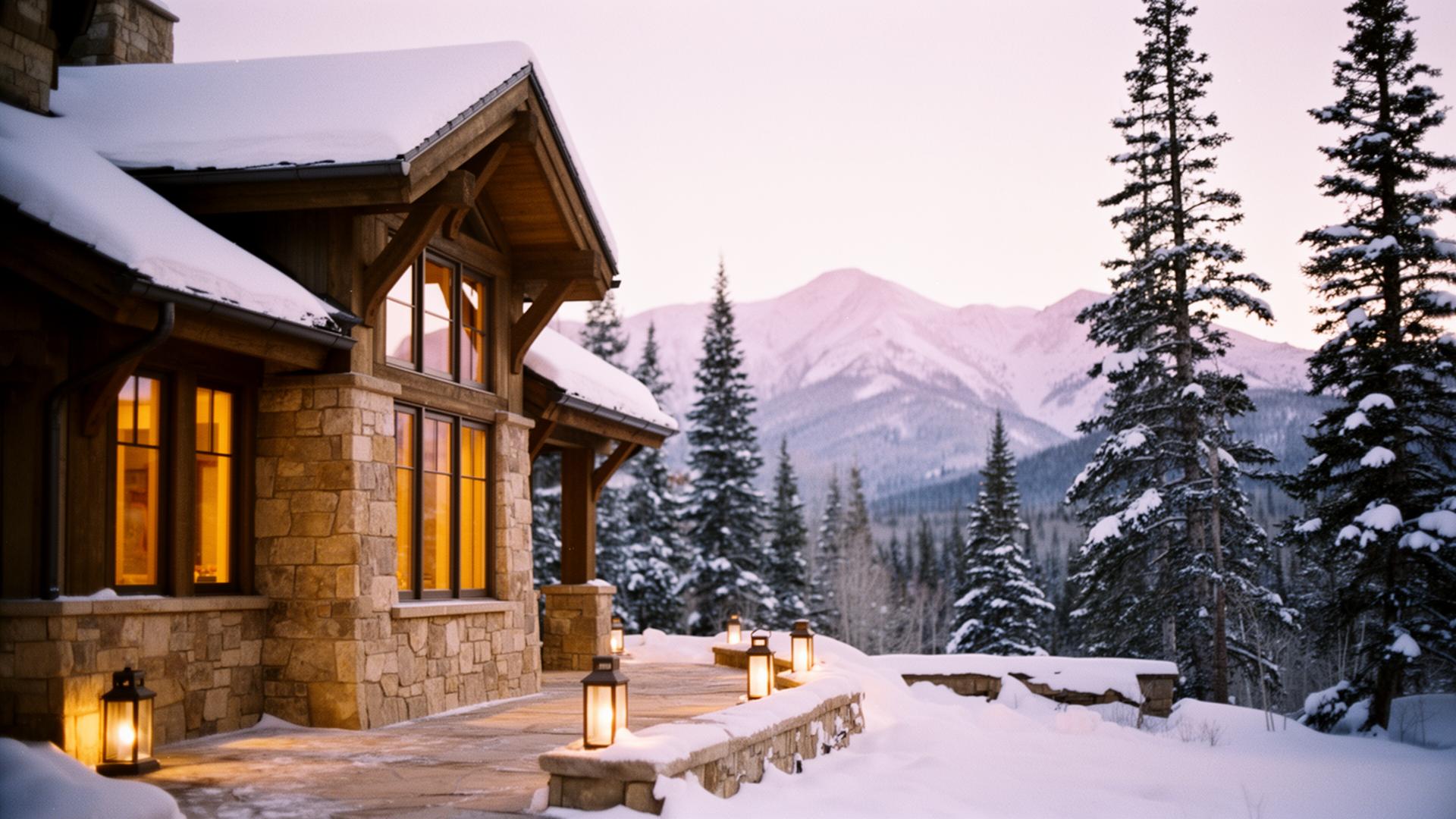 A stone-and-timber Aspen chalet at quiet golden hour in winter with snow-laden roof, warm amber window light, lantern-lit path and pale lavender mountains beyond.