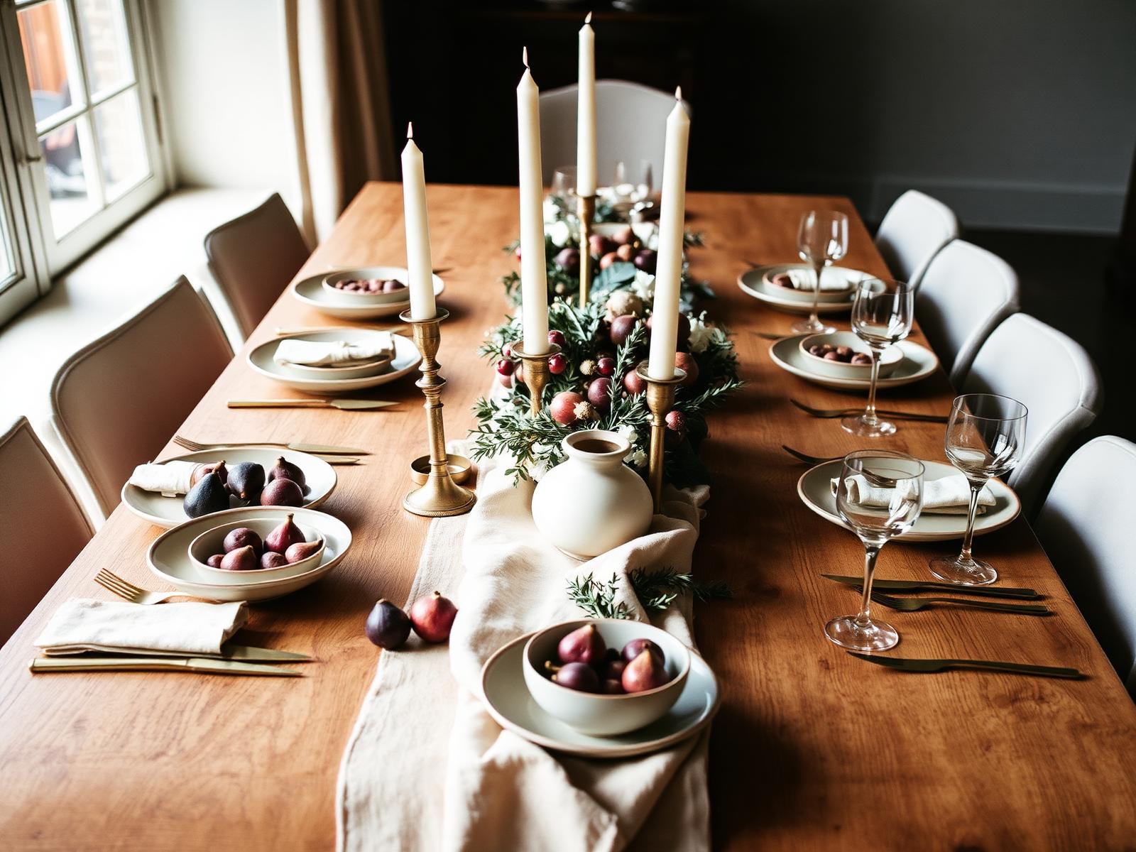 A long oak farmhouse table set for autumn with linen runner, brass candlesticks, hand-thrown ceramic plates and bowls of figs and pomegranates with sprigs of olive.