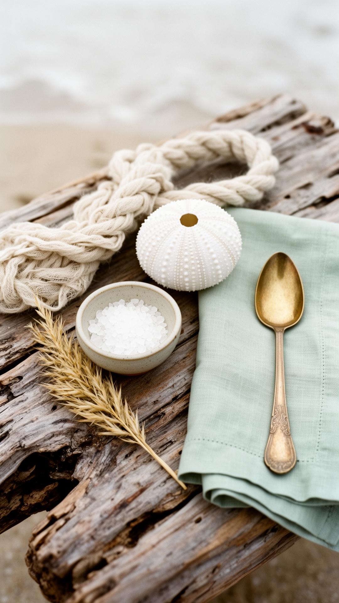 A coastal palette still-life on weathered driftwood: cream linen rope, ceramic bowl of sea salt, white sea-urchin shell, dried sea grass, seafoam linen napkin and a vintage brass spoon.