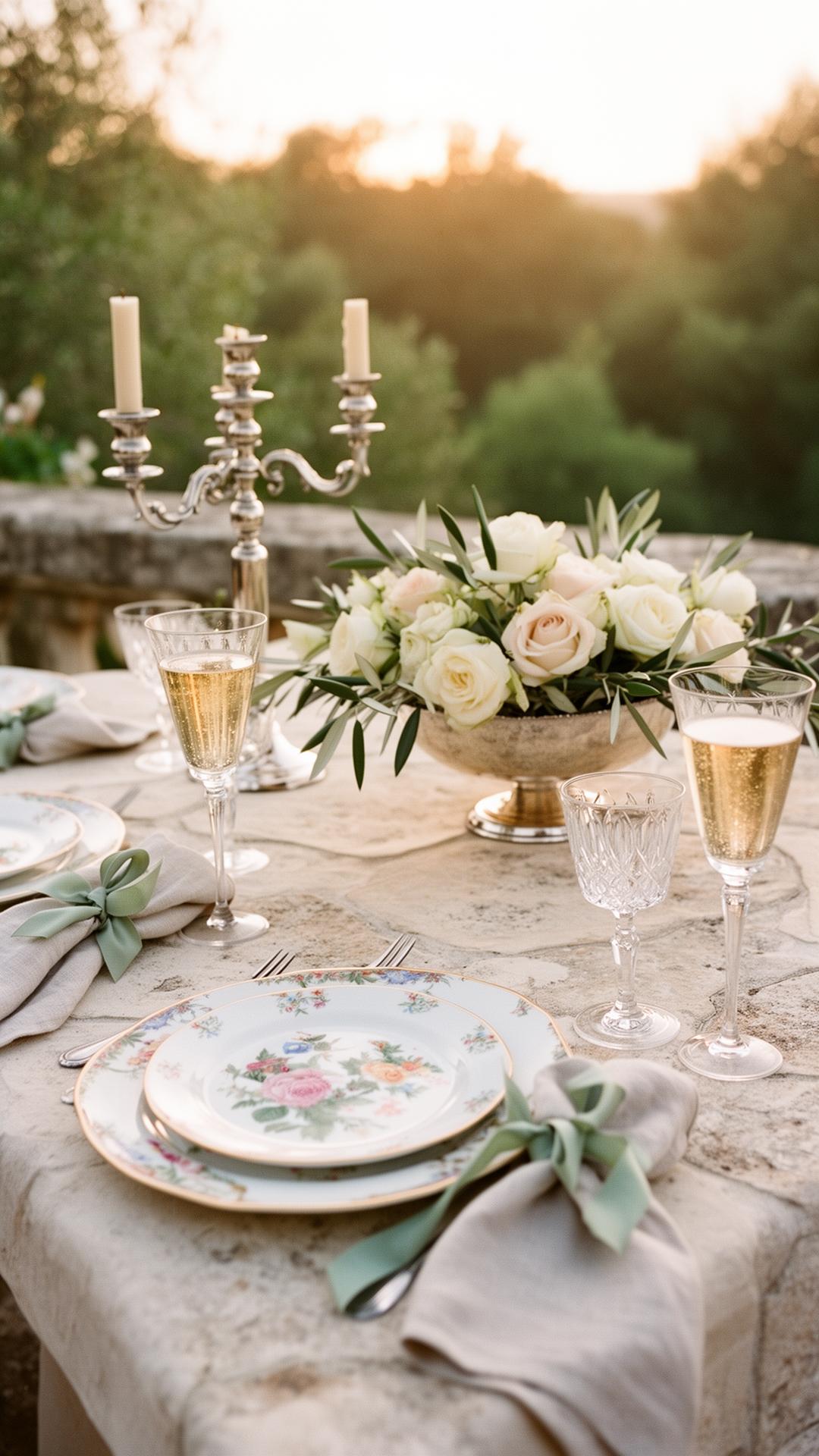 An elegant garden-terrace tablescape at golden hour — vintage silver candelabra, hand-painted porcelain, sage-ribboned linen napkins, a low silver bowl of garden roses and olive leaves.