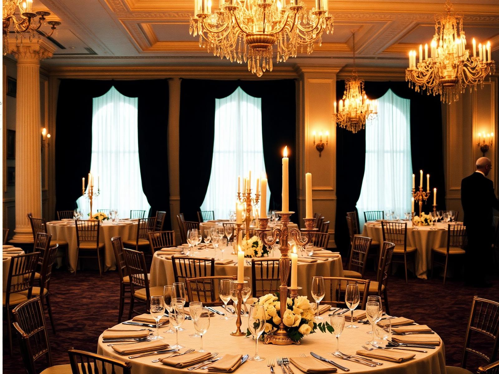 A candle-lit black-tie gala dinner room with round tables, ivory linen, antique gold candelabra, crystal coupes and low ivory floral arrangements.