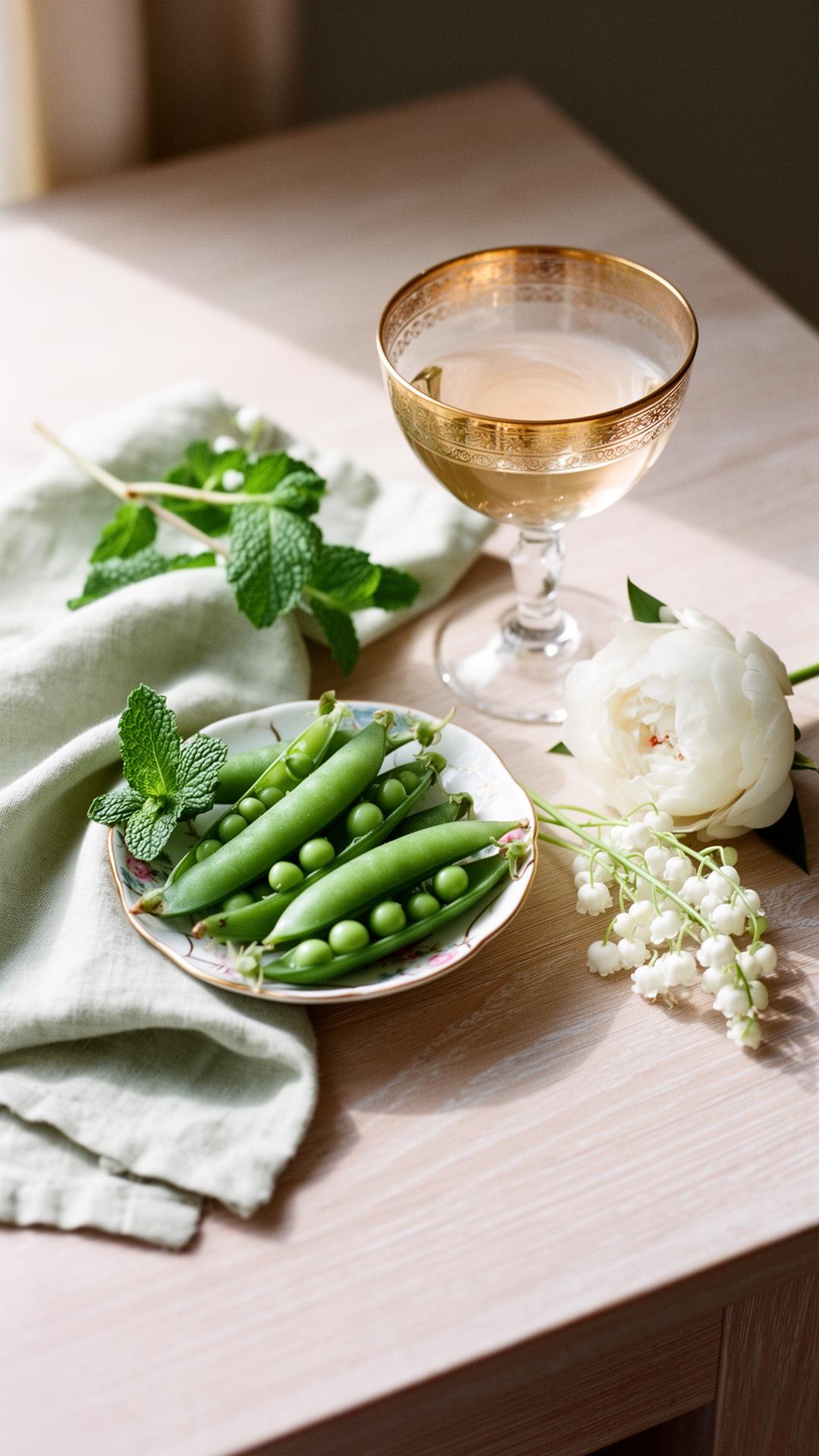 A spring palette still-life on pale oak: porcelain dish of fresh peas, mint, pale sage linen napkin, white peony, gold-rimmed coupe glass and a sprig of lily of the valley.