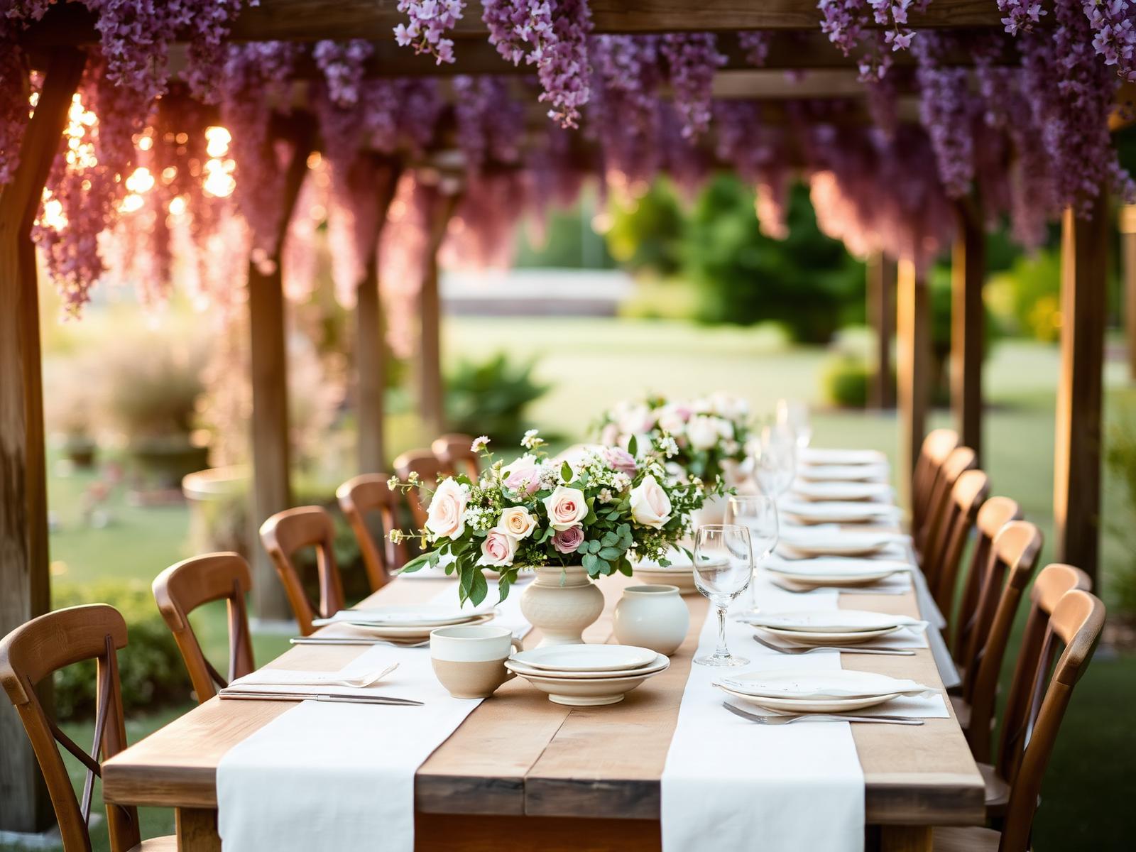 A long oak garden table set beneath a wisteria pergola at golden hour with white linen, hand-thrown ceramics, vintage silver and a low arrangement of roses and sweet peas.