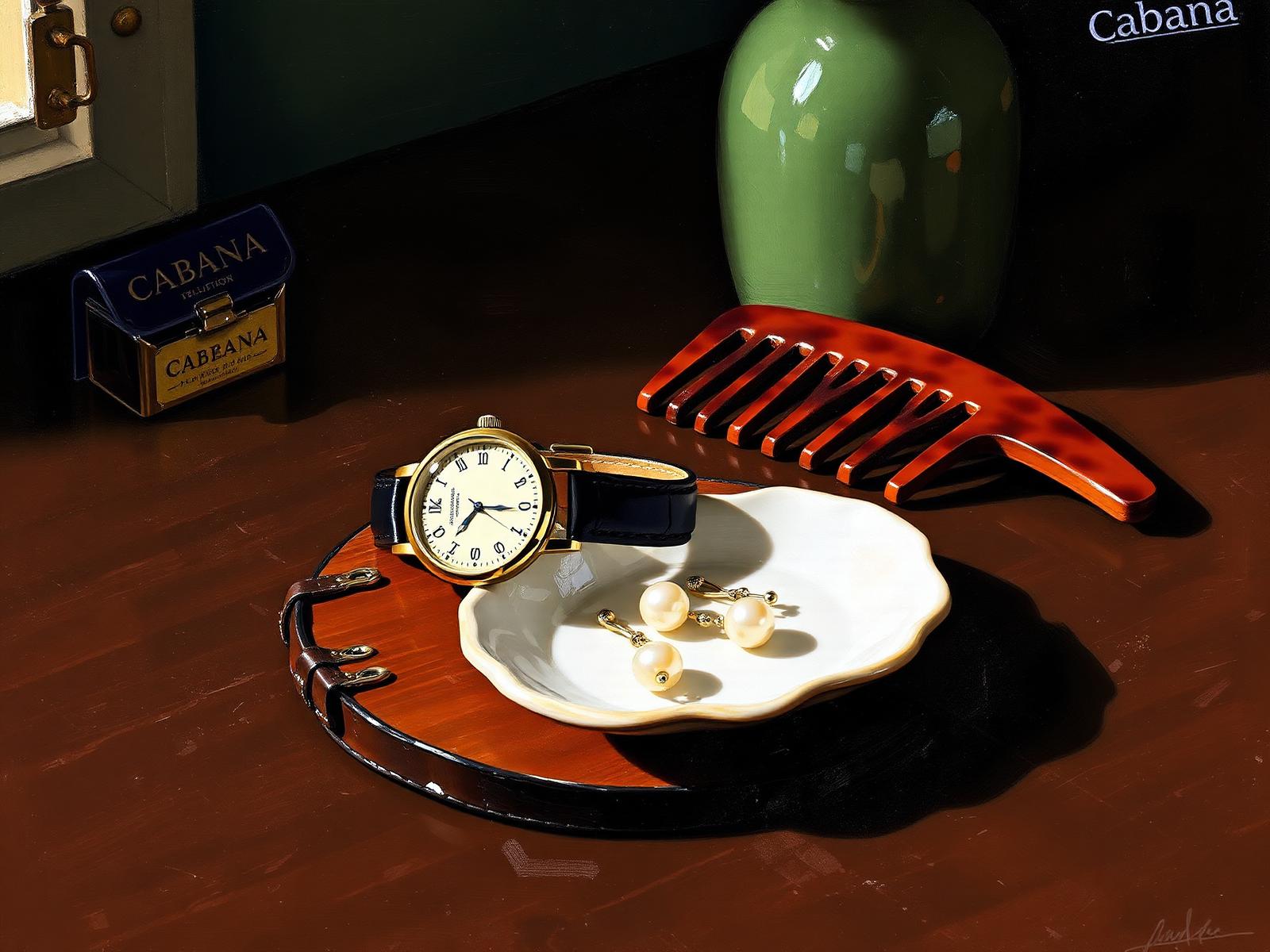A painterly still-life on dark walnut with an antique gold pocket watch, a mechanical wristwatch on leather, pearl drop earrings on a porcelain dish and a tortoiseshell comb.