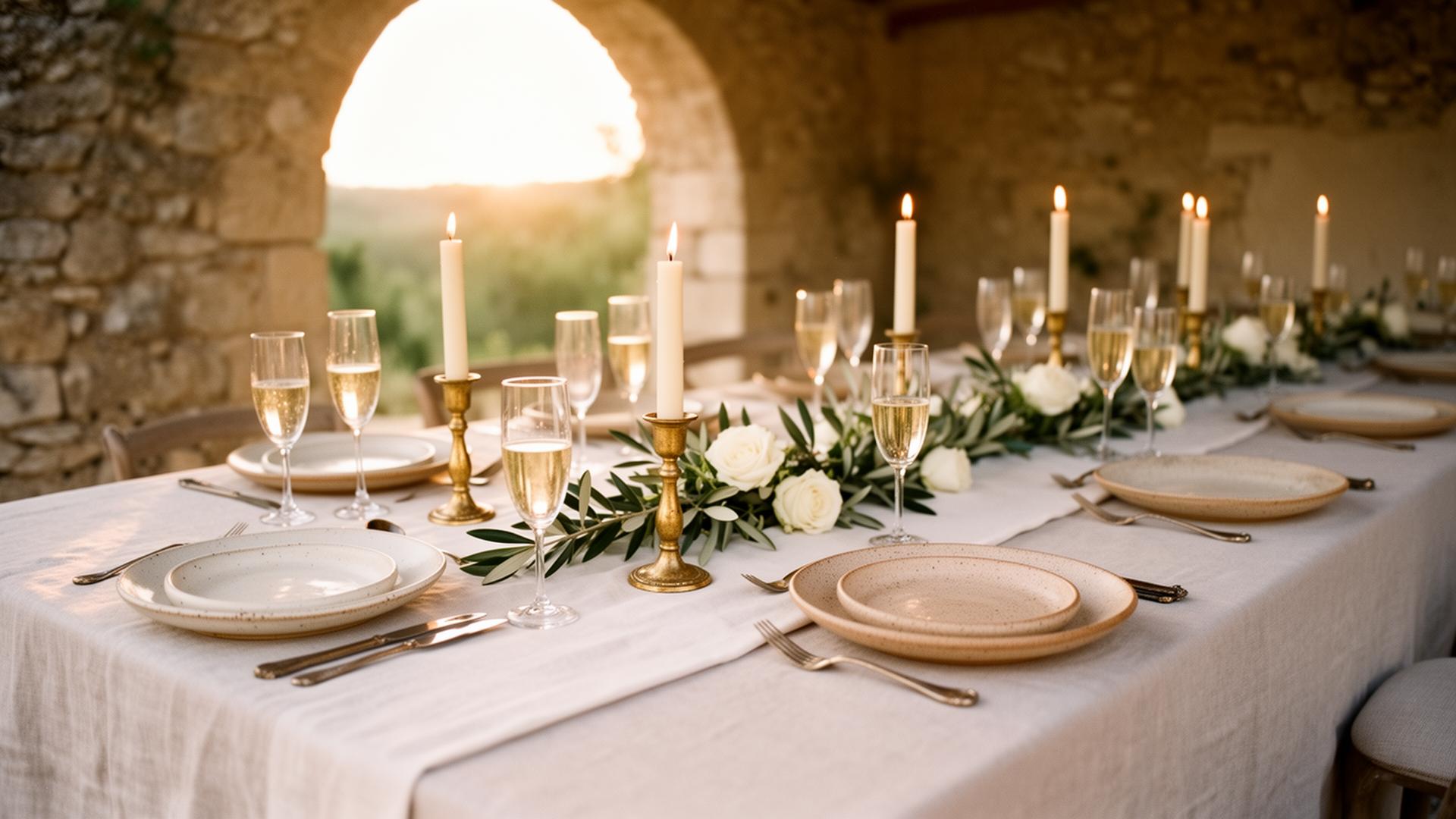 A candle-lit summer dinner table set under a stone archway, linen runner, antique gold candlesticks, olive branches and white roses at golden hour.