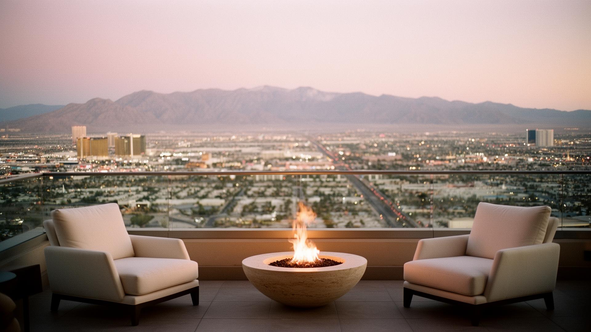 A high-floor Las Vegas suite terrace at pre-dawn looking over the desert valley as city lights soften, with a glowing travertine fire bowl between two cream lounge chairs.