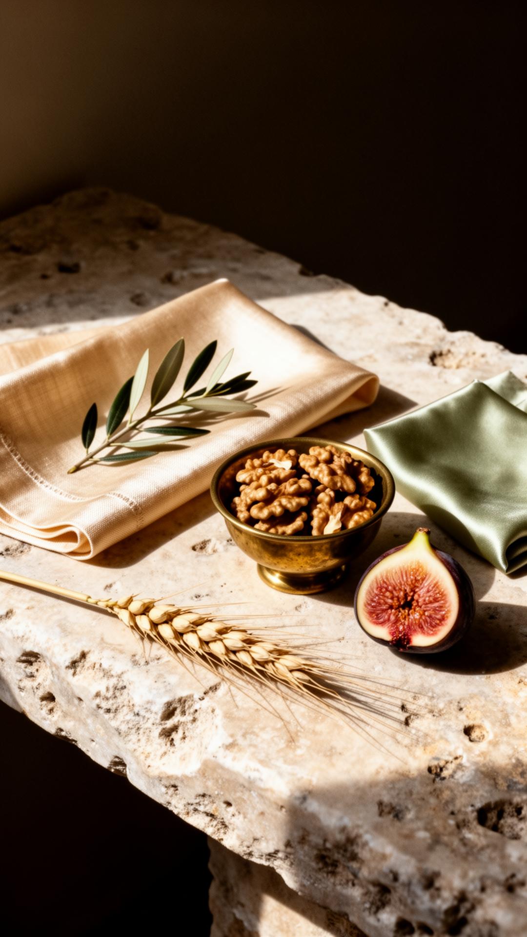 A late-harvest palette still-life on weathered limestone: champagne linen napkin, olive sprig, brass bowl of walnuts, sliced fig, dried wheat and sage silk square in directional window light.