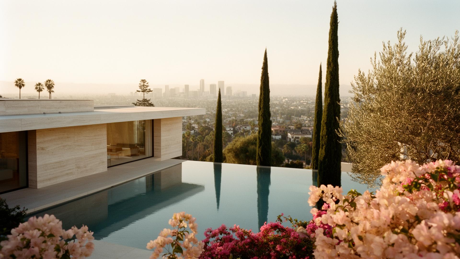 A low-slung mid-century Los Angeles hillside villa at golden hour with travertine walls, an infinity pool, tall cypresses and an olive tree, with the city haze beyond.