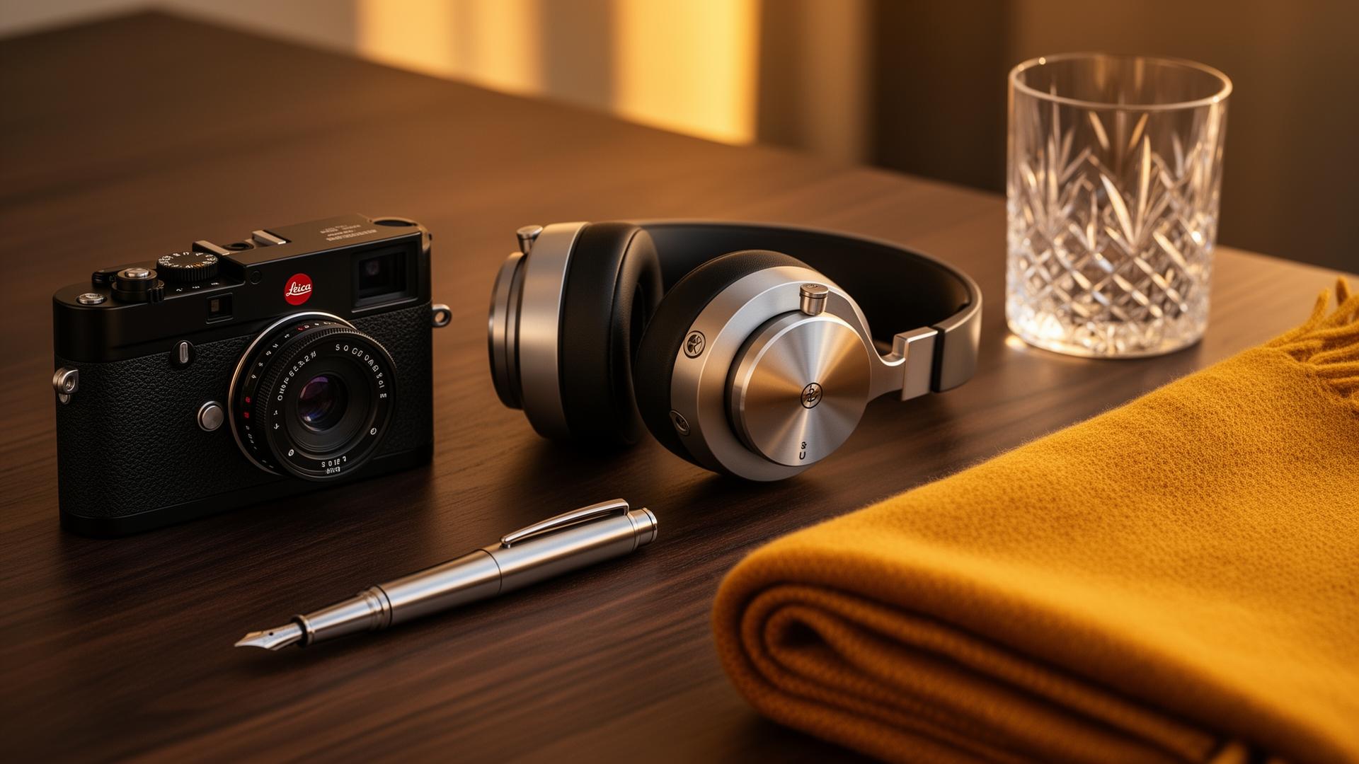 An editorial still-life on dark walnut at golden hour with a black Leica rangefinder camera, platinum over-ear headphones, a titanium fountain pen, a folded saffron cashmere throw and a crystal tumbler.