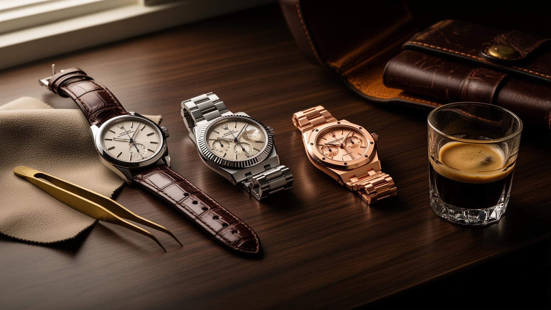 Three heritage wristwatches on a dark walnut desk in soft window light — a platinum Patek Philippe Calatrava on brown alligator, a steel Rolex Datejust with fluted bezel, and a rose-gold Audemars Piguet Royal Oak — beside a chamois cloth, brass tweezers, an open leather watch roll and a crystal of espresso.