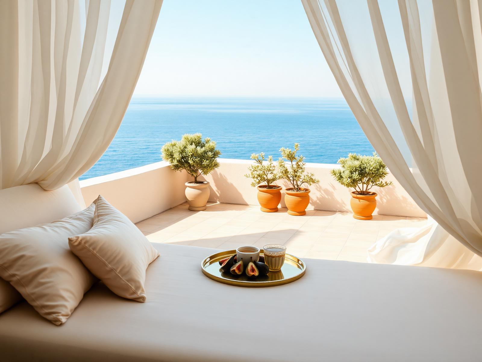 A Mediterranean hotel suite terrace at sunrise with a cream linen daybed, a brass tray of espresso and figs, billowing white curtains and terracotta pots of olive trees with the sea beyond.