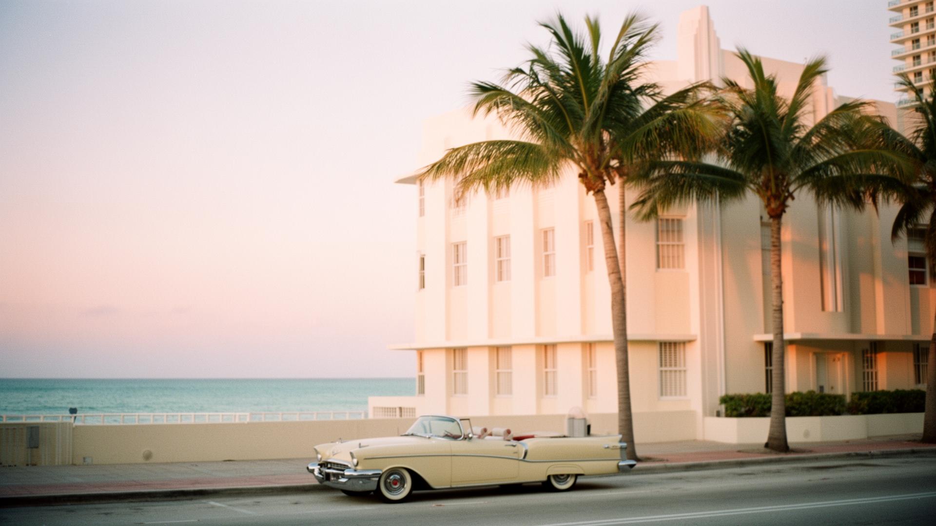 A pale Art Deco Miami oceanfront facade at quiet golden hour with tall royal palms, a vintage cream convertible at the curb, soft pastel sky.