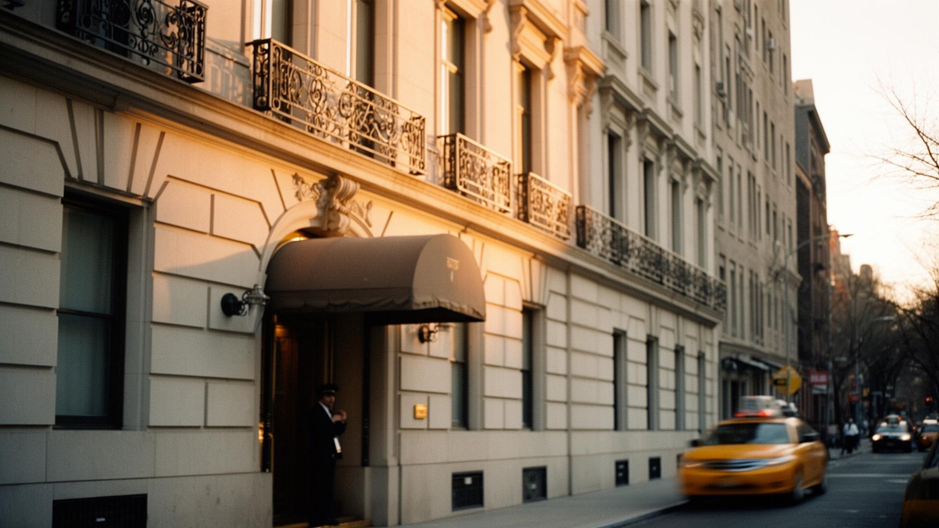 An Upper East Side limestone facade at quiet golden hour with wrought-iron balconies, a doorman's awning, and a single yellow cab in soft motion blur beyond.
