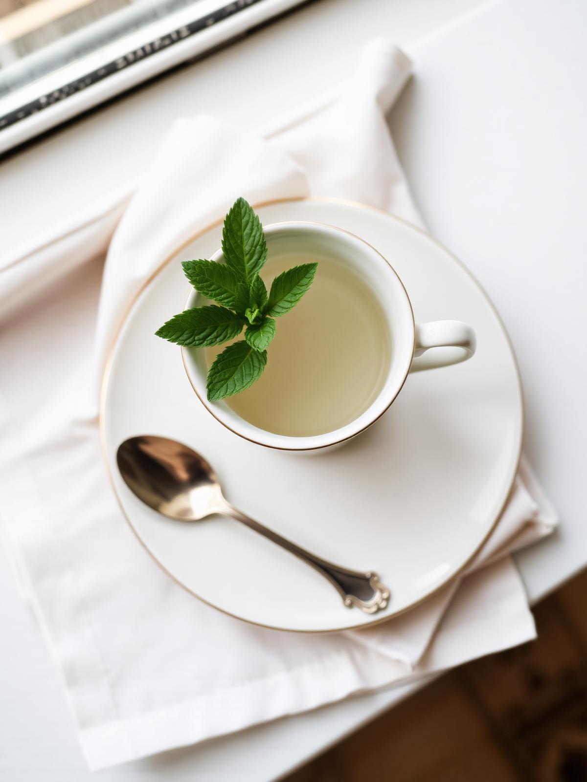 A single porcelain teacup with fresh mint on a linen napkin beside a small antique silver spoon, soft window light overhead.
