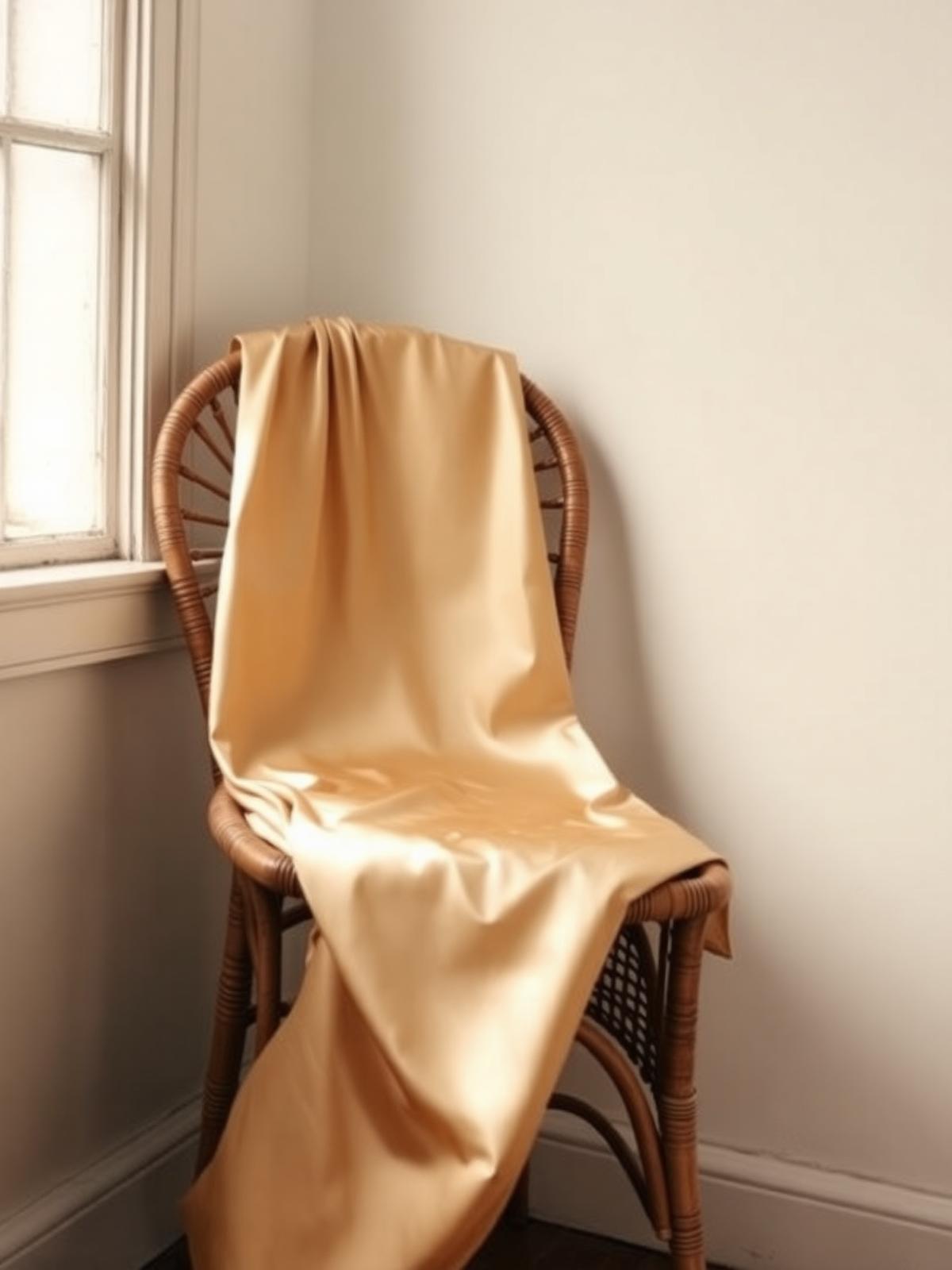A champagne silk slip dress draped over a vintage rattan chair in soft side-window light.