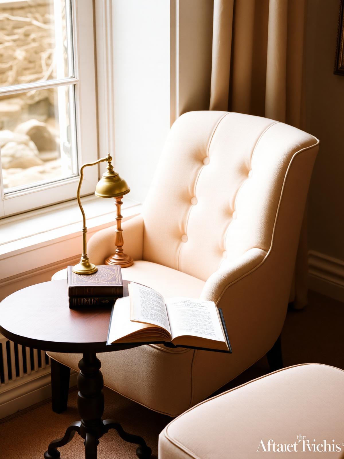 A deep alabaster linen armchair beside a walnut side table with leather-bound books, a lit brass reading lamp and an open book.