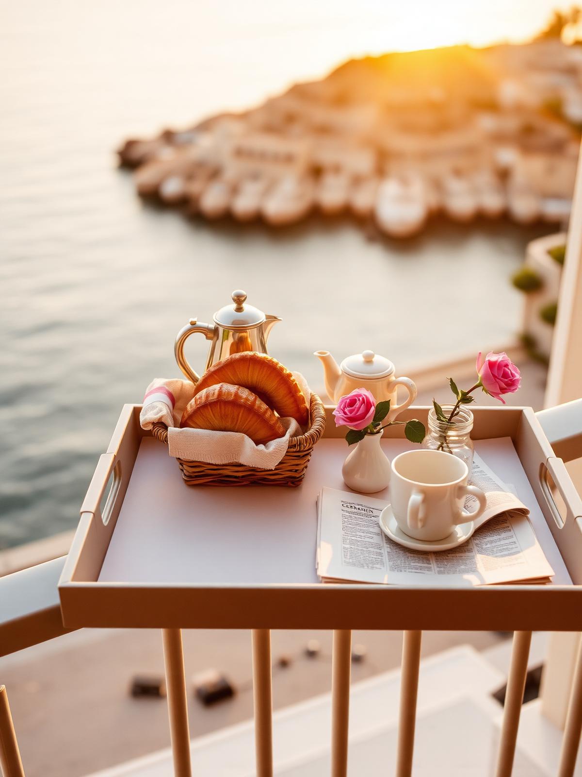 An empty hotel breakfast tray on a balcony rail at sunrise with croissants in a linen-lined basket, a porcelain coffee pot and a single pink rose.