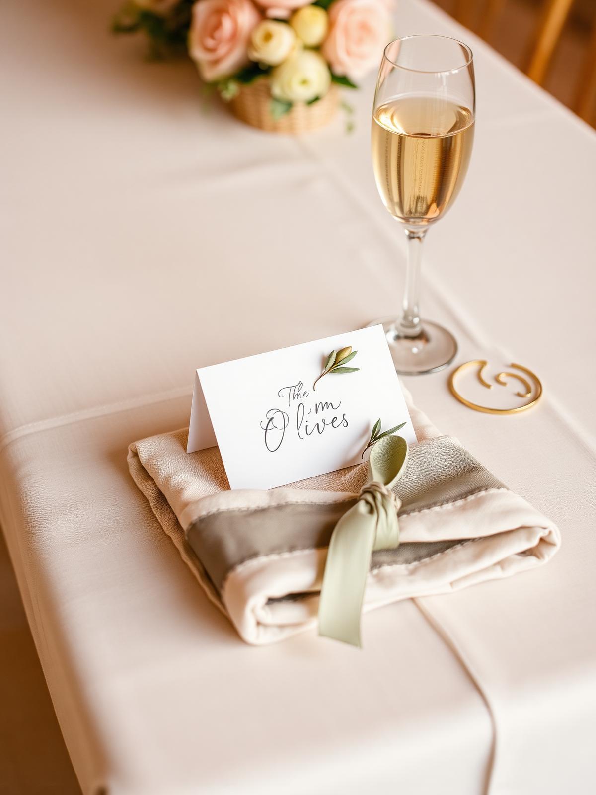 A wedding place setting with a hand-lettered card under an olive sprig, a sage-ribbon-tied napkin and a gold-rimmed coupe of champagne.