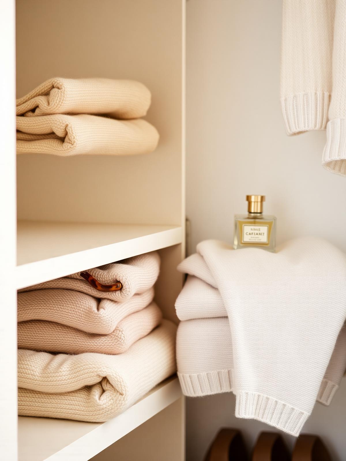 Folded cashmere knits in alabaster, oatmeal and taupe on an open closet shelf with a tortoiseshell handle and a vintage perfume bottle.