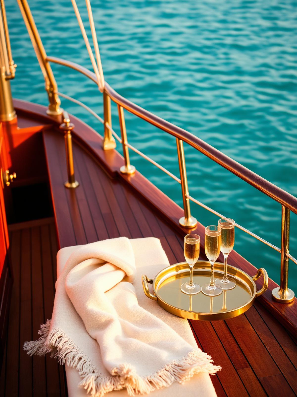 A polished mahogany yacht deck at golden hour with brass fittings, a cream cashmere throw on a teak bench and a brass tray of three champagne coupes.