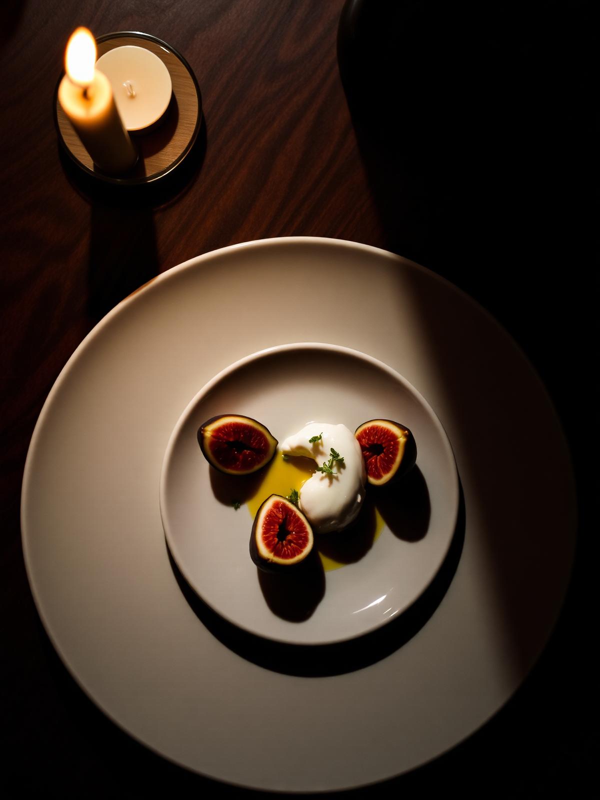 A fine-dining tasting course of figs, burrata, micro herbs and olive oil on a porcelain plate, lit by a single candle on a dark walnut table.