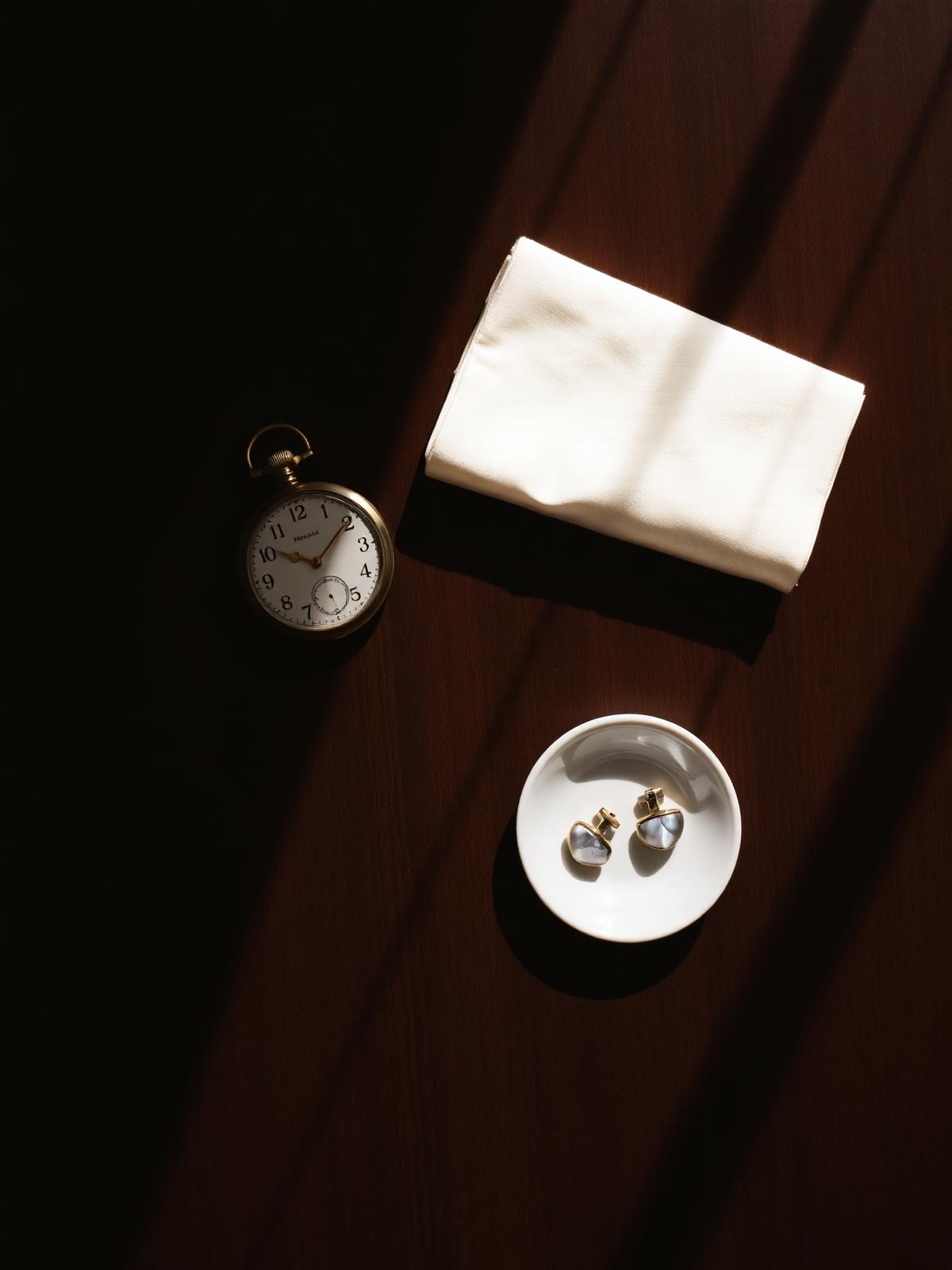 A still-life of an antique gold pocket watch, a folded cream silk pocket square and mother-of-pearl cufflinks in a porcelain dish on a deep walnut table.