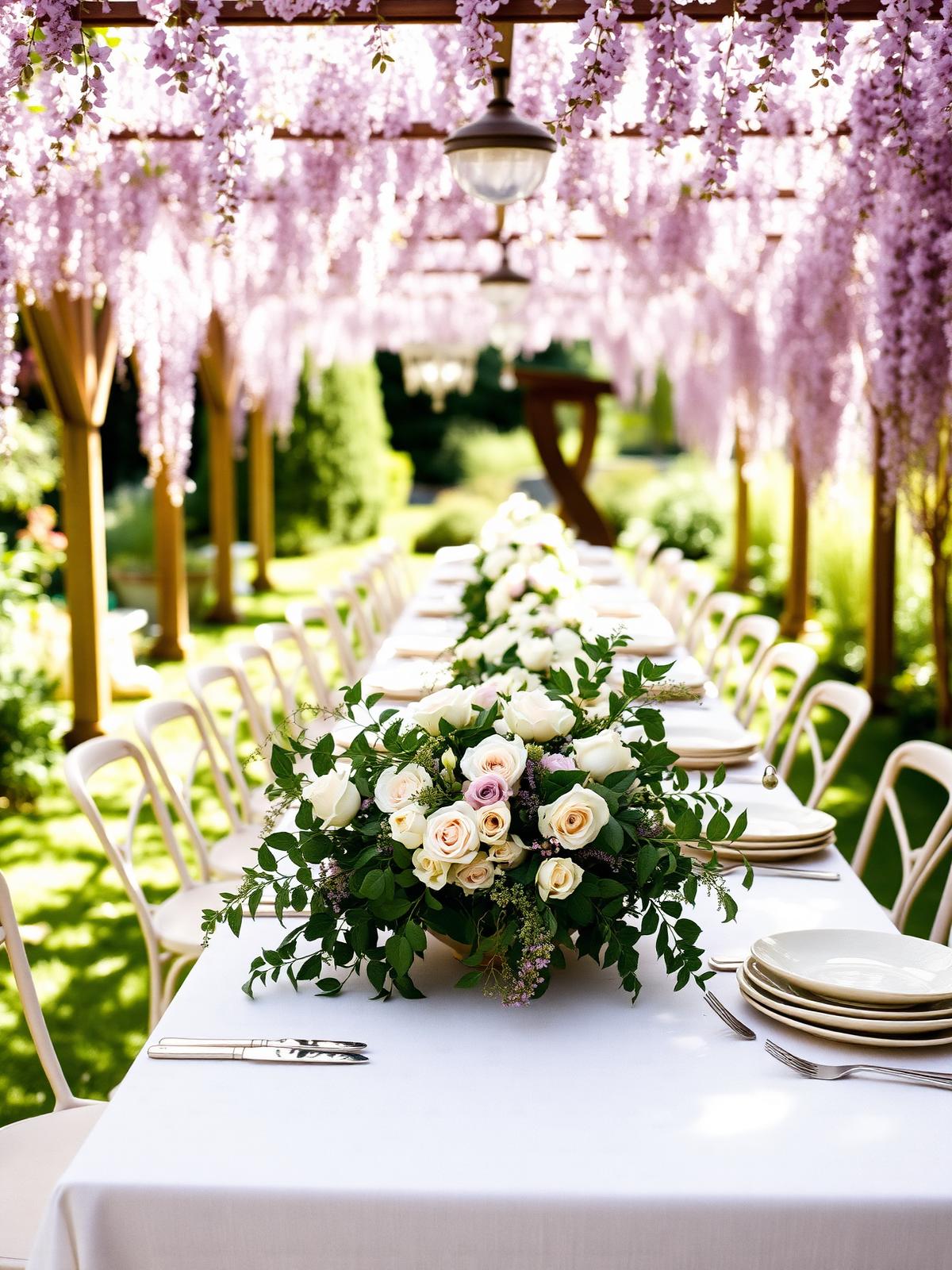 A long garden table set beneath a wisteria pergola with white linen, hand-thrown plates, vintage silver and a low arrangement of roses, sweet peas and trailing greenery.