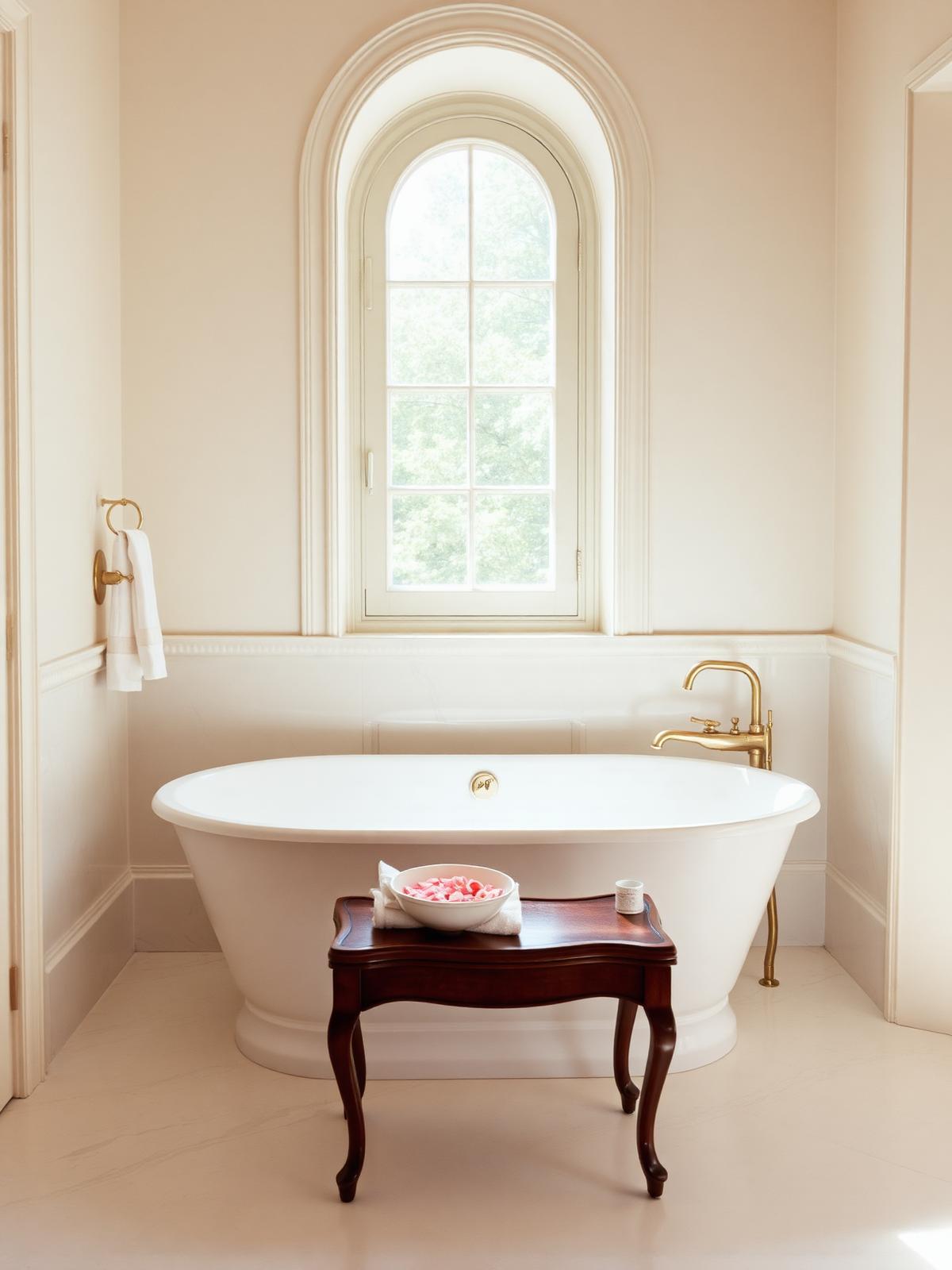 A freestanding oval soaking tub under an arched window with a folded white linen towel on a vintage stool and a small ceramic dish of rose petals on the tub rim.