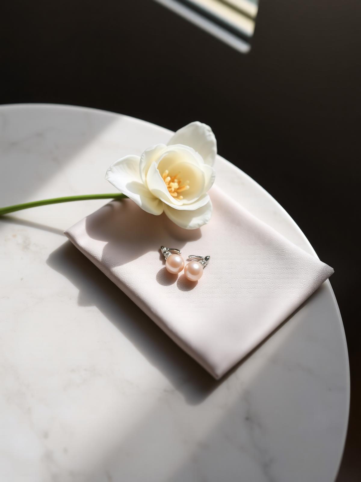 A pair of pearl drop earrings on a dove-grey silk square beside a single white gardenia bloom on a pale marble surface in directional window light.