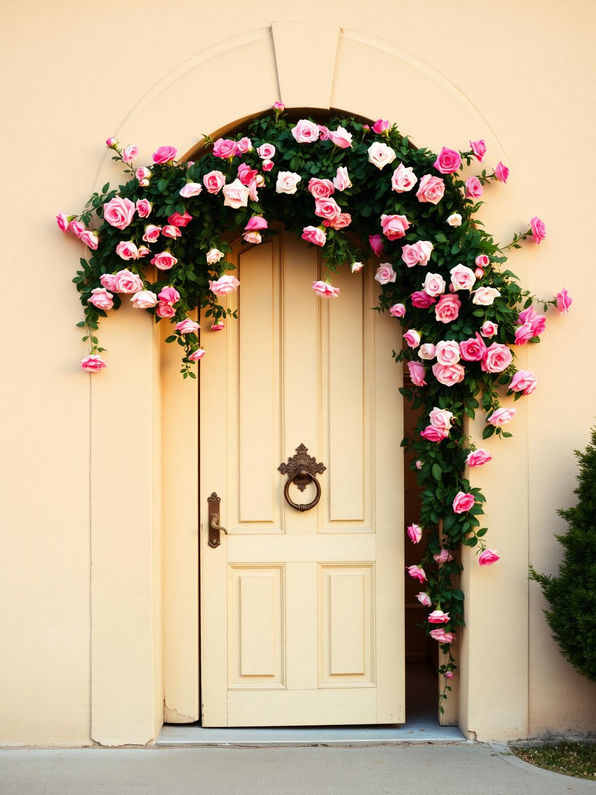 A pale stone arched doorway draped in climbing roses at golden hour with a vintage brass door knocker in soft side light.