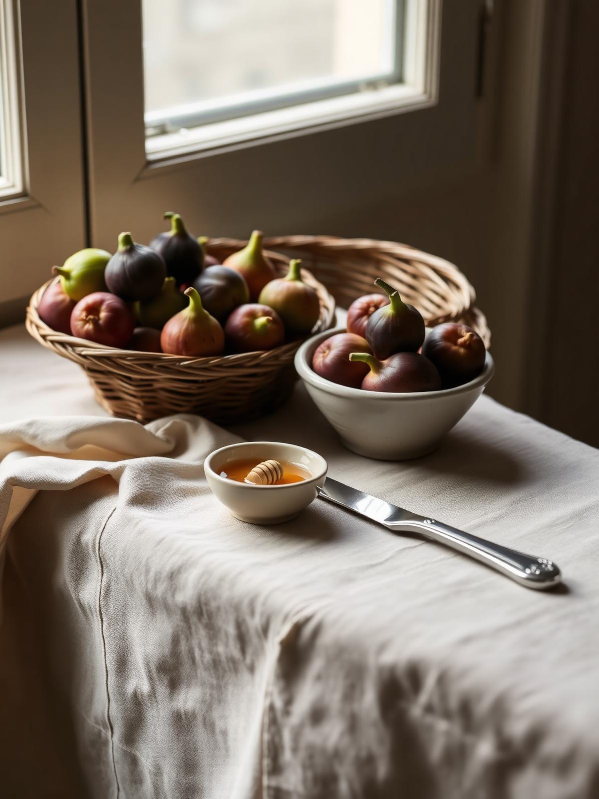 A basket of fresh figs beside a small ceramic bowl of honey and a silver knife on a weathered linen cloth in soft north window light.