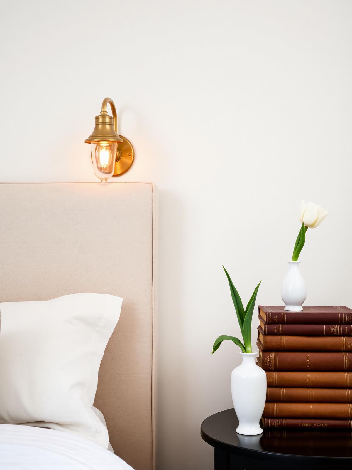 A pale plaster bedroom corner with a linen-upholstered headboard, an antique brass sconce, a stack of leather-bound books and a single white tulip in a porcelain vase.