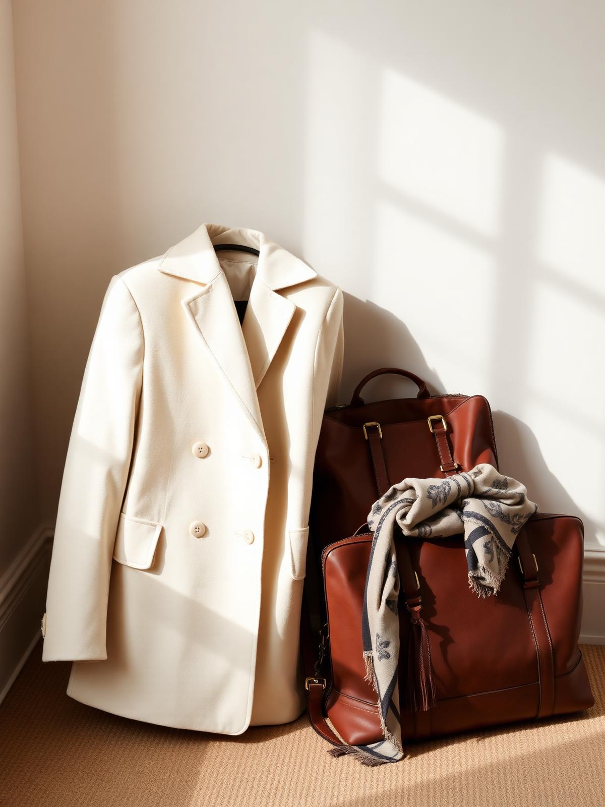 A cream wool tailored coat draped over an antique walnut chair beside a leather travel bag and a folded silk scarf in north window light.