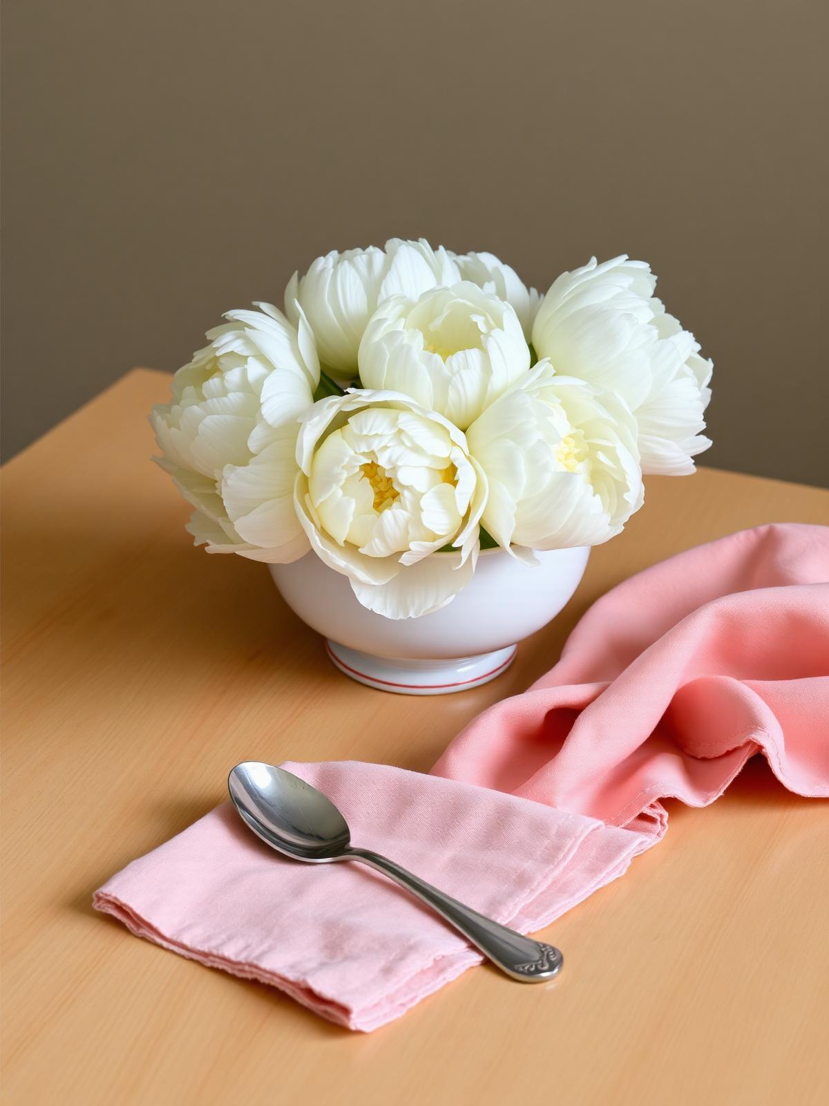 A porcelain bowl of fresh white peonies on a pale oak table beside a folded blush linen napkin and a single silver spoon.