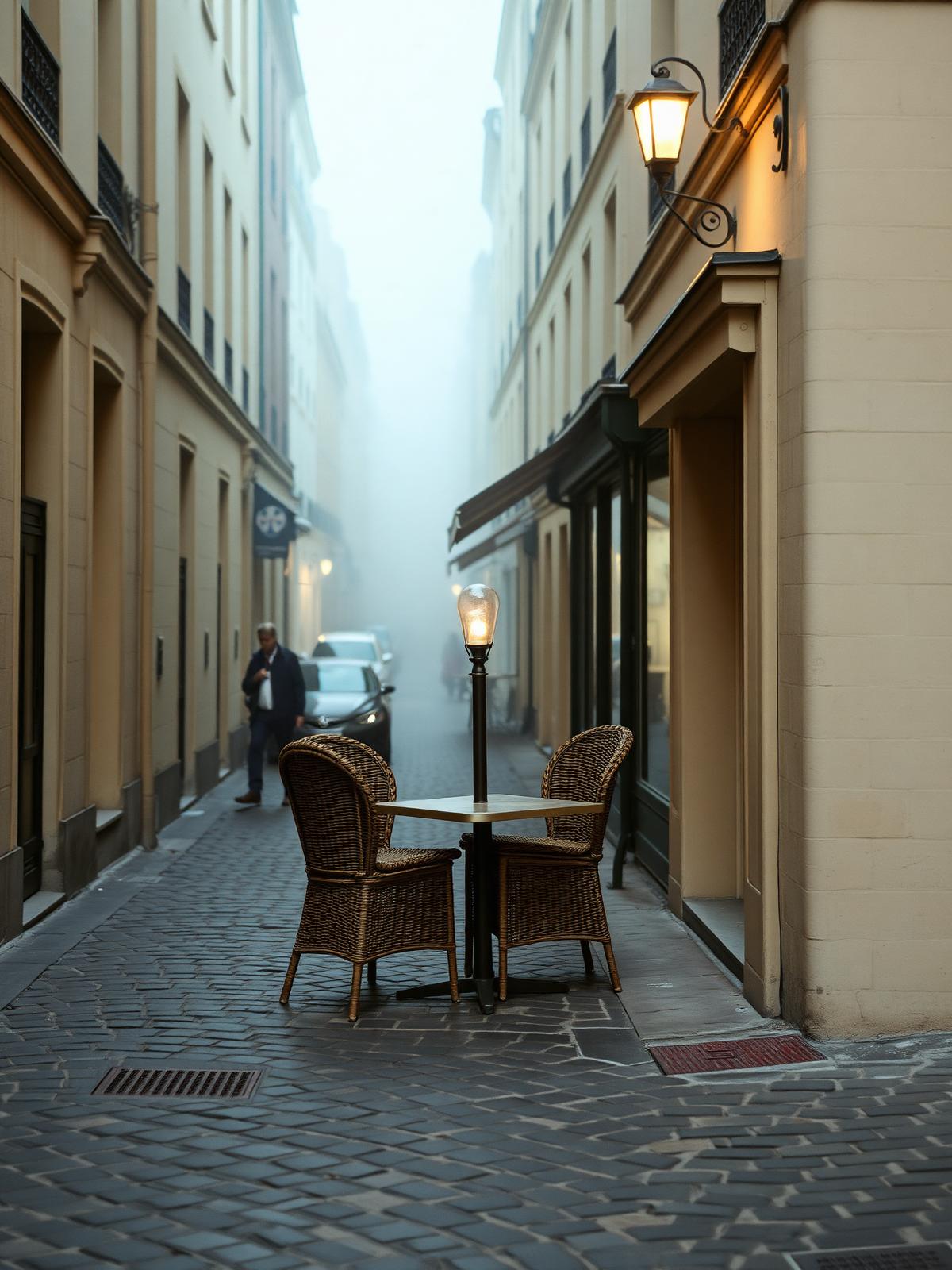 A cobblestone Parisian side street at early misty morning with a single café table, stacked wicker chairs and a soft gas-lamp glow.