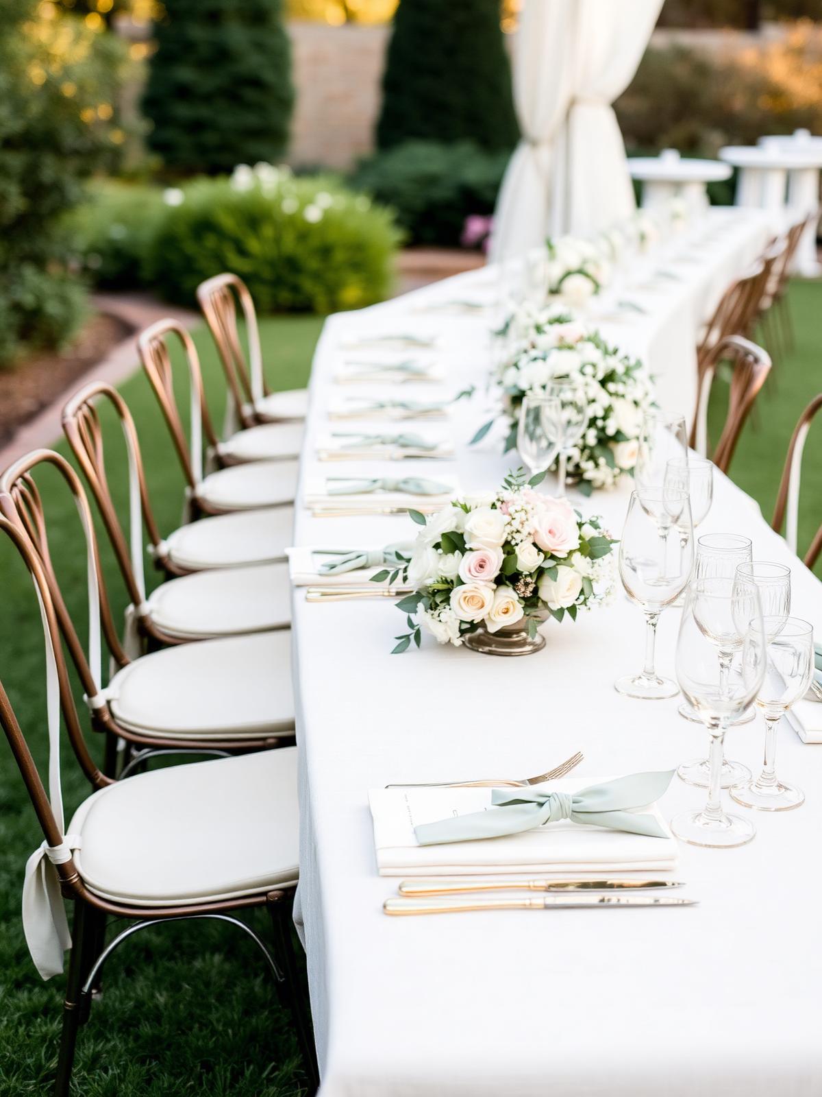 A long linen-draped garden table set for a wedding luncheon with hand-lettered place cards, sage-ribbon-tied napkins, gold-rimmed coupes and a low arrangement of garden roses.