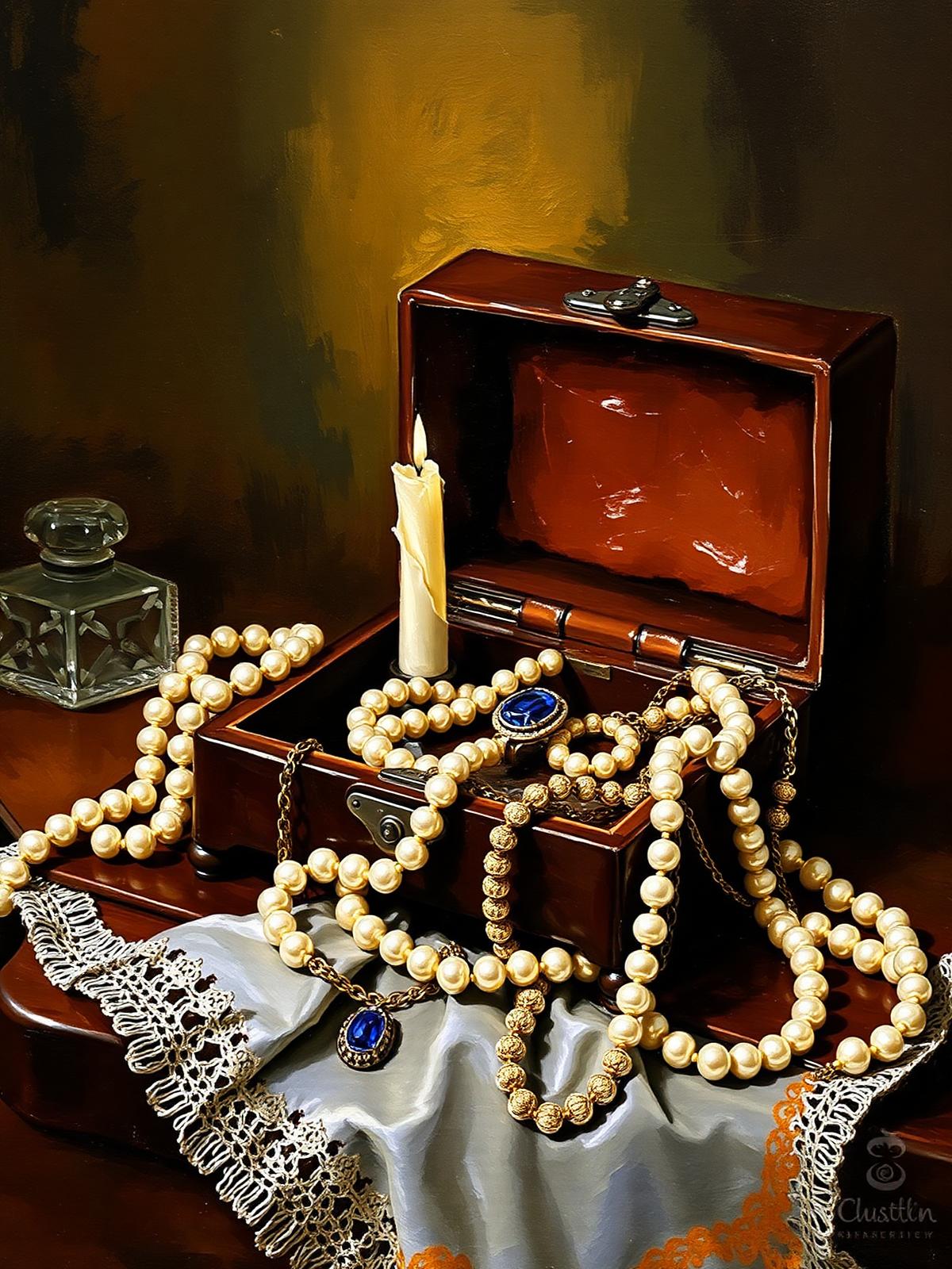 An open antique leather jewelry box on dark walnut revealing pearl strands, gold chains and a sapphire ring lit by a single candle.