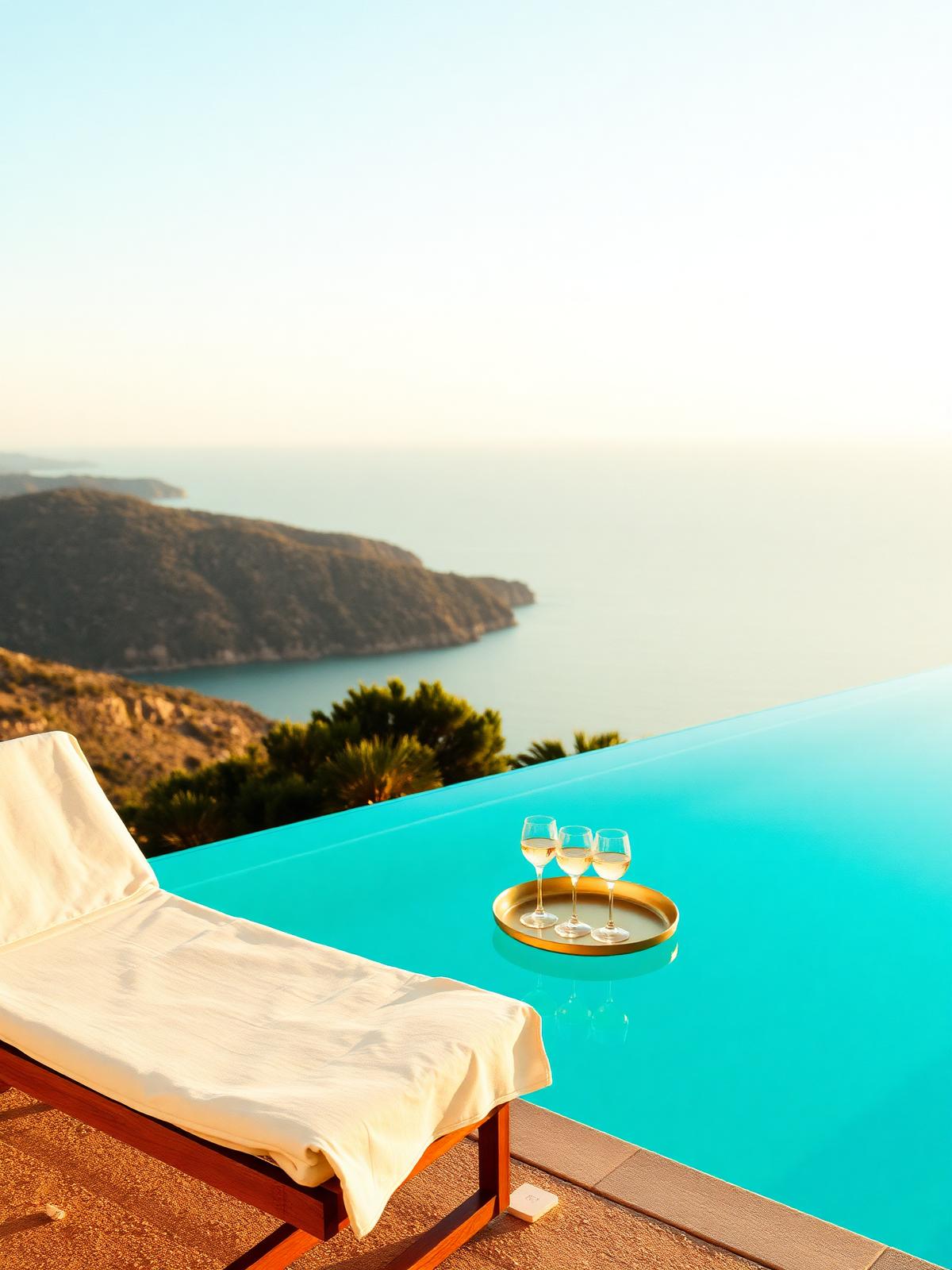A turquoise infinity-edge pool at golden hour with cream linen sun loungers, a brass tray of two coupes of champagne and the Mediterranean coastline beyond.