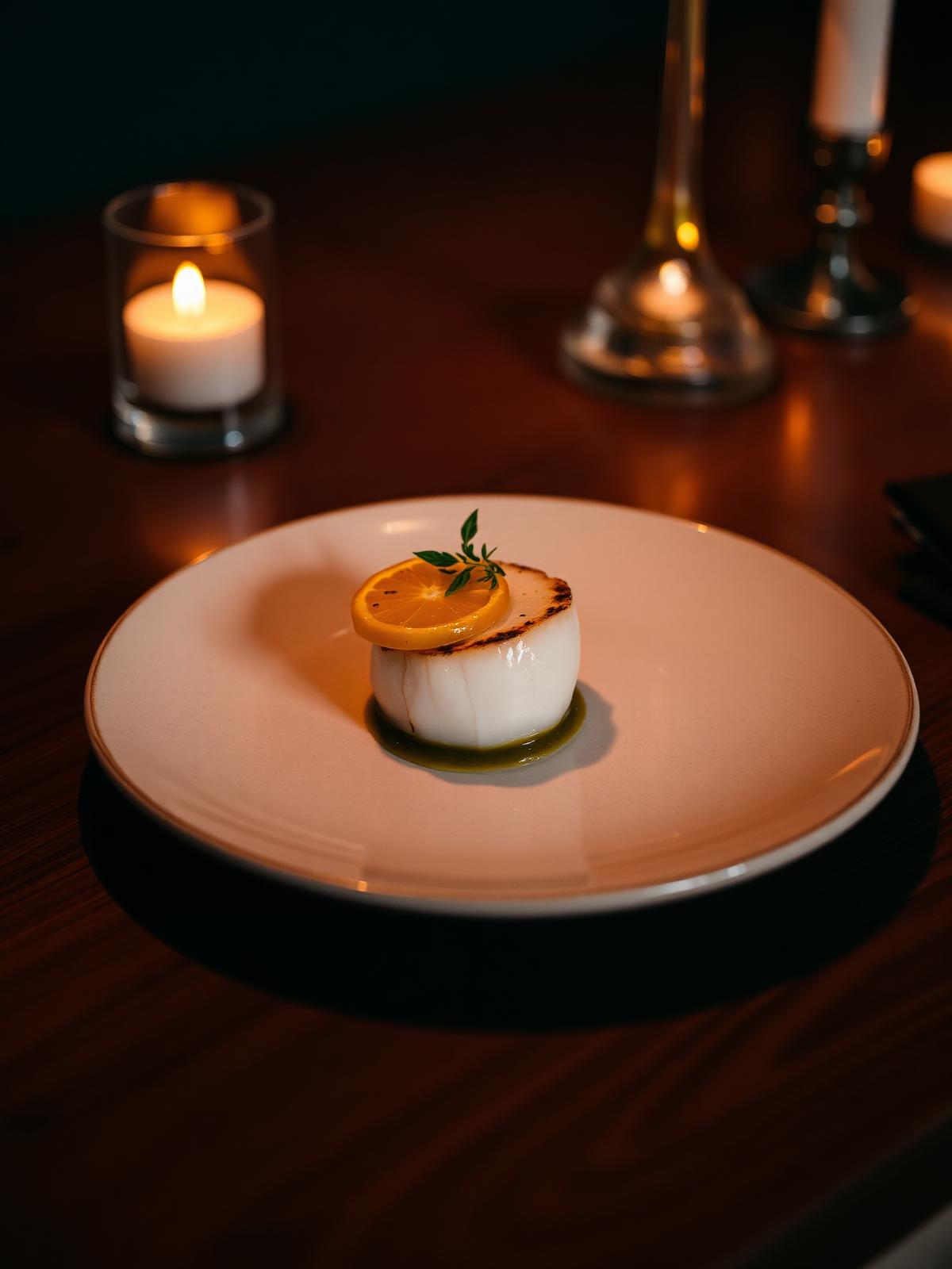 A single fine-dining course of seared scallop with citrus and herbs on a pale ceramic plate at a candle-lit walnut table.