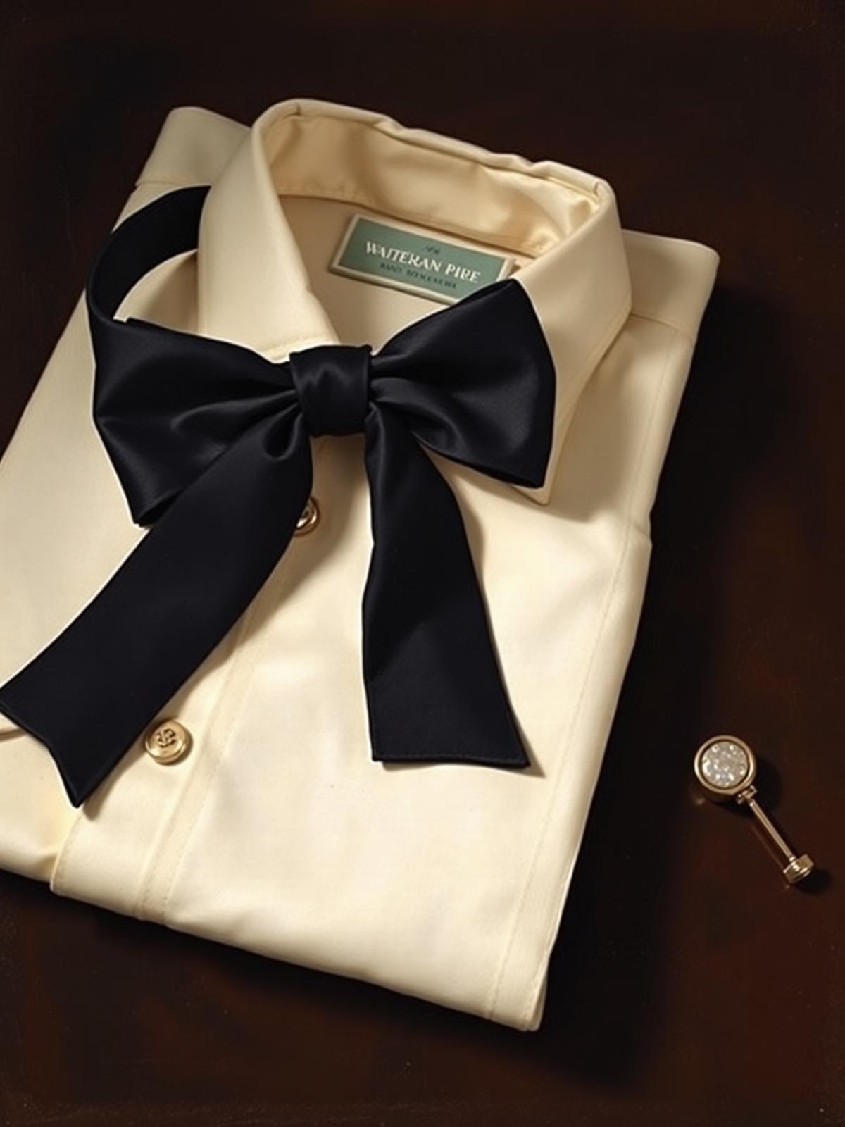 A black silk bow tie laid flat on a folded cream cotton dress shirt with mother-of-pearl cufflinks and a silver collar bar on dark walnut.