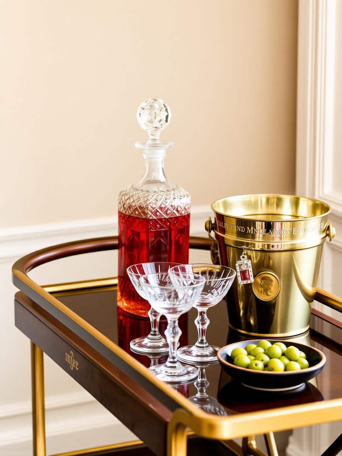 A polished walnut bar cart with cut-crystal decanters of amber spirits, a brass ice bucket, two coupe glasses and a small ceramic dish of olives in candle glow.