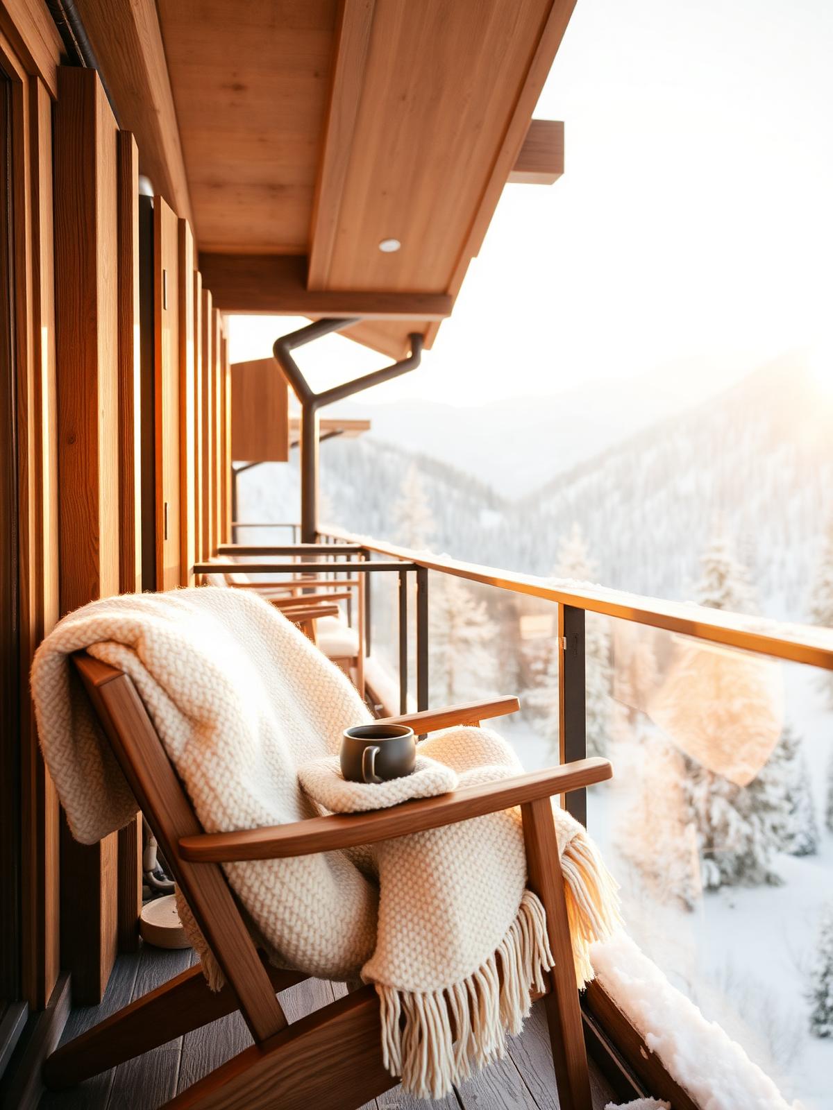 A snow-laden timber chalet balcony at golden hour with a folded cream cashmere throw on a teak chair, a mug of mulled wine and soft alpine mountains beyond.