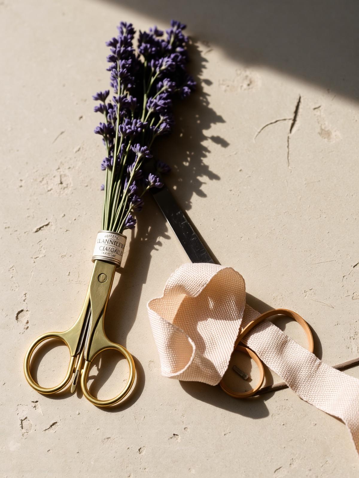 A dried lavender bunch, vintage brass scissors and a length of natural linen ribbon on weathered limestone in soft side light.