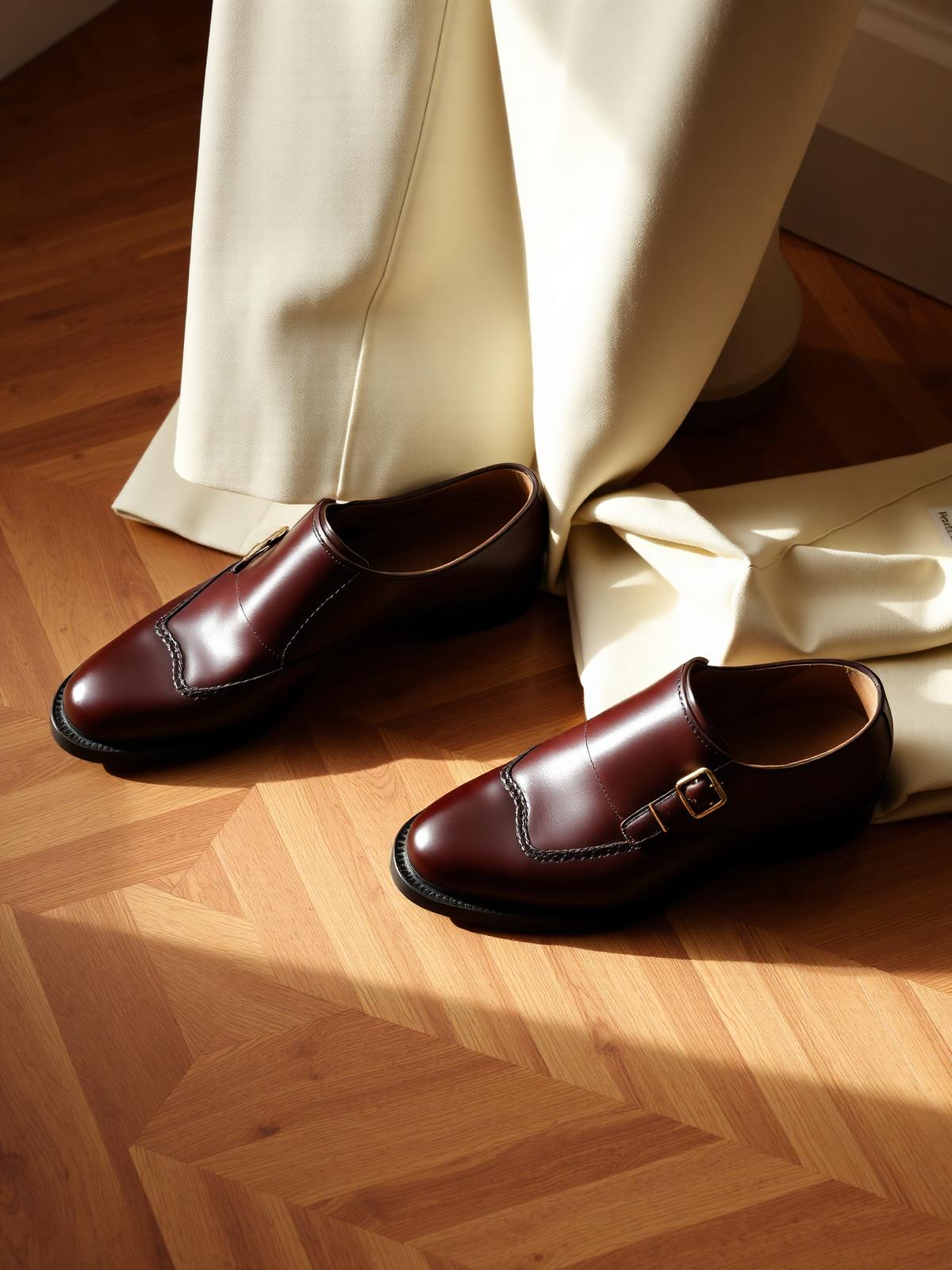 A pair of polished brown leather monk-strap shoes on a herringbone wood floor beside neatly folded cream wool trousers in north window light.