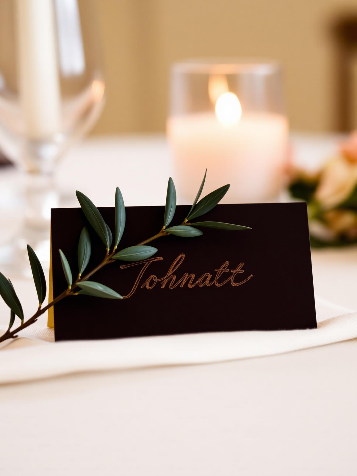 A close crop of a place card hand-lettered in copperplate ink resting under an olive sprig on cream linen with blurred candle bokeh beyond.