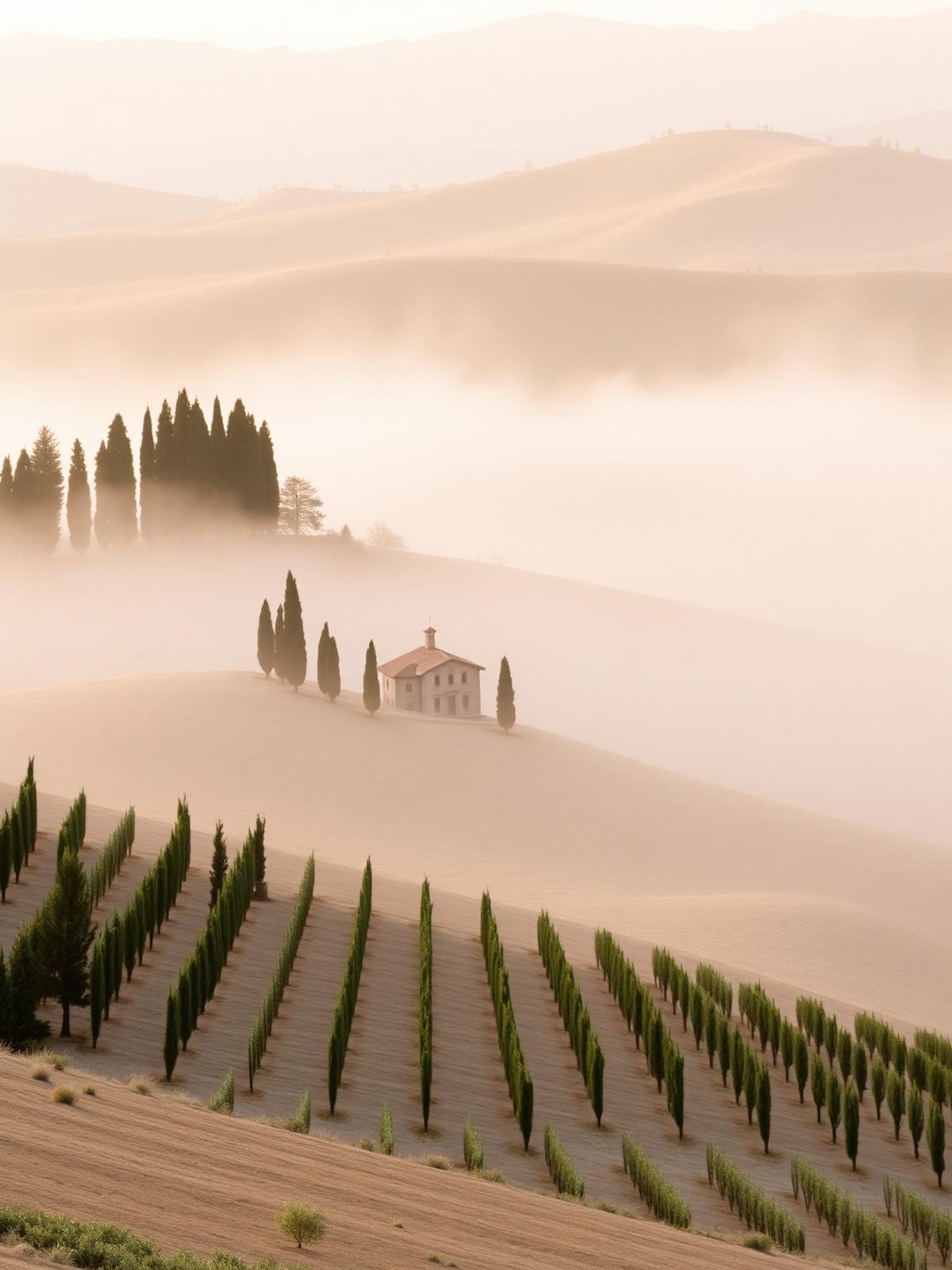 A misty Tuscan hillside at dawn with rows of cypress trees and a single stone villa in soft gold light.