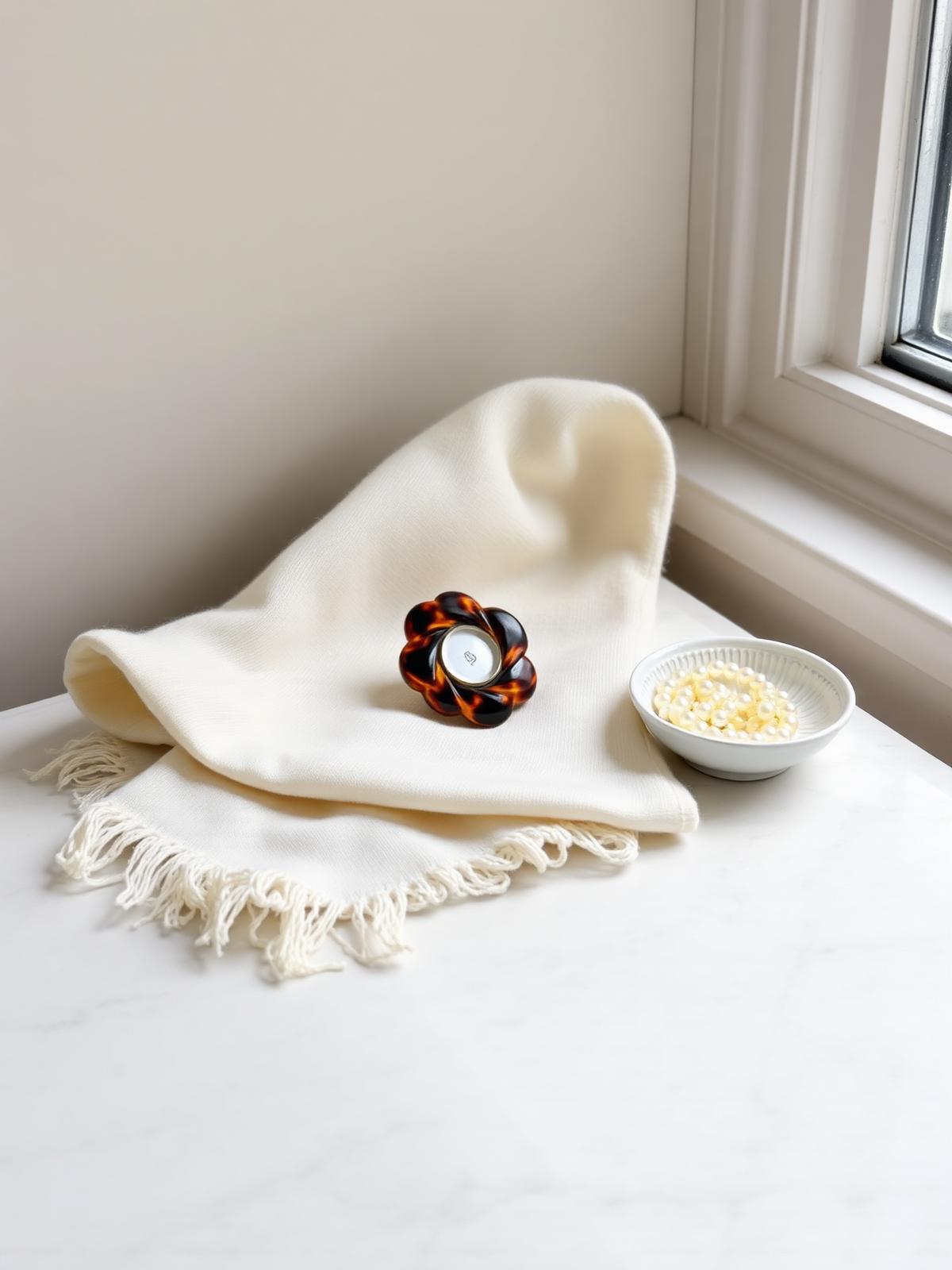 A folded ivory cashmere wrap, a tortoiseshell hair clip and a small porcelain dish of pearls on a pale marble bench in north window light.