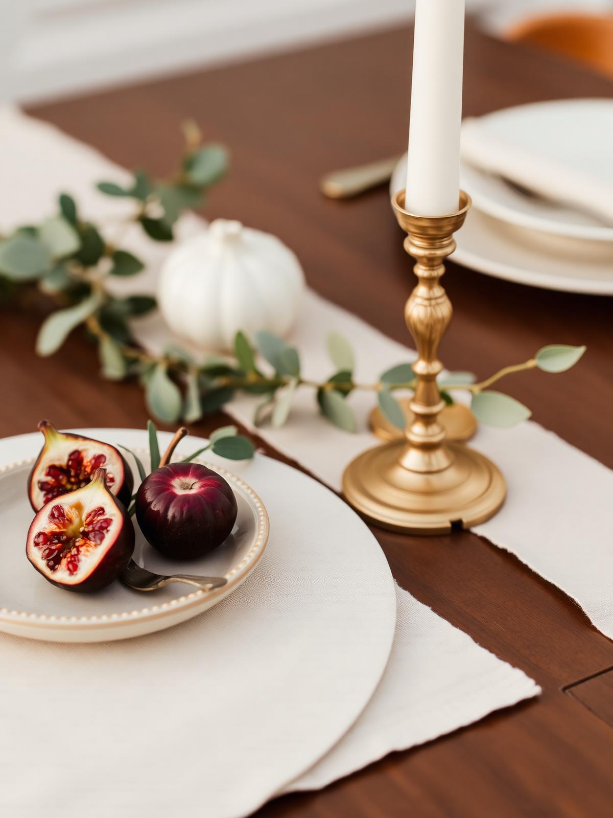 An autumn tablescape closeup of a hand-thrown ceramic plate with figs and pomegranate, a brass candlestick with lit ivory taper, linen runner and eucalyptus sprig.