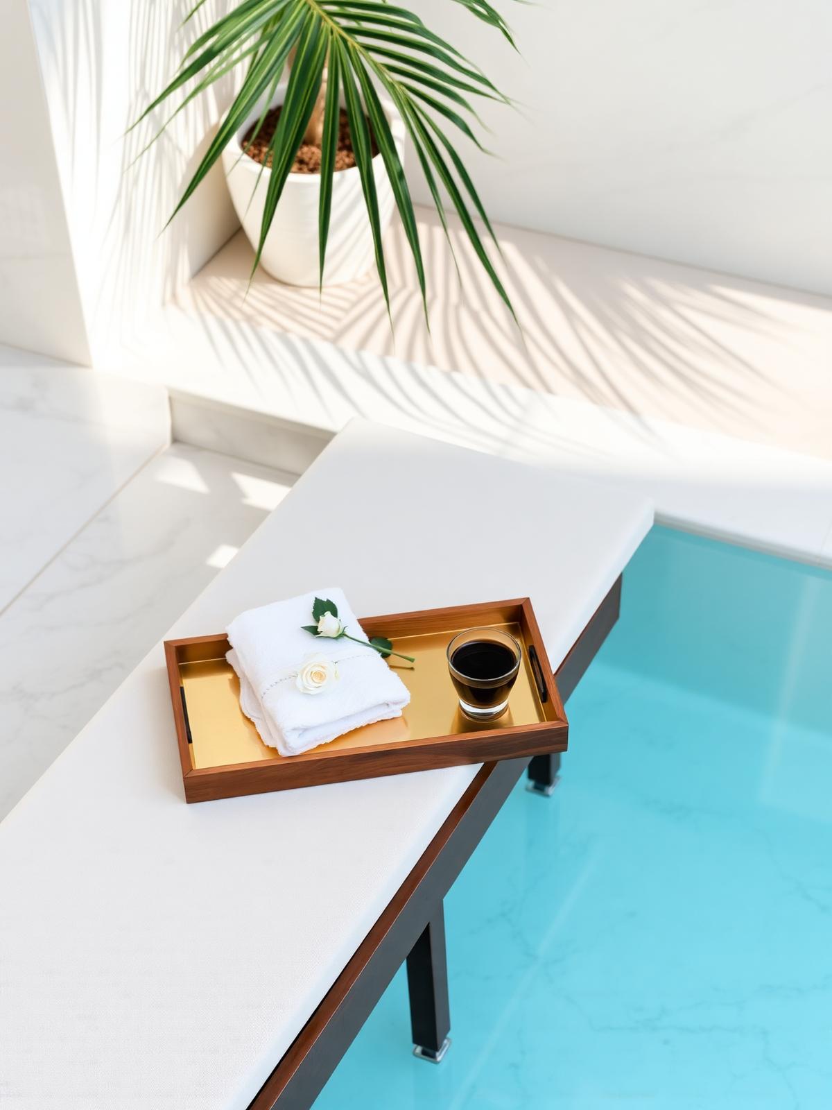A quiet morning at a marble hotel pool with a single folded white towel on a teak lounger and a brass tray of espresso and a single white rose under soft palm shadow.