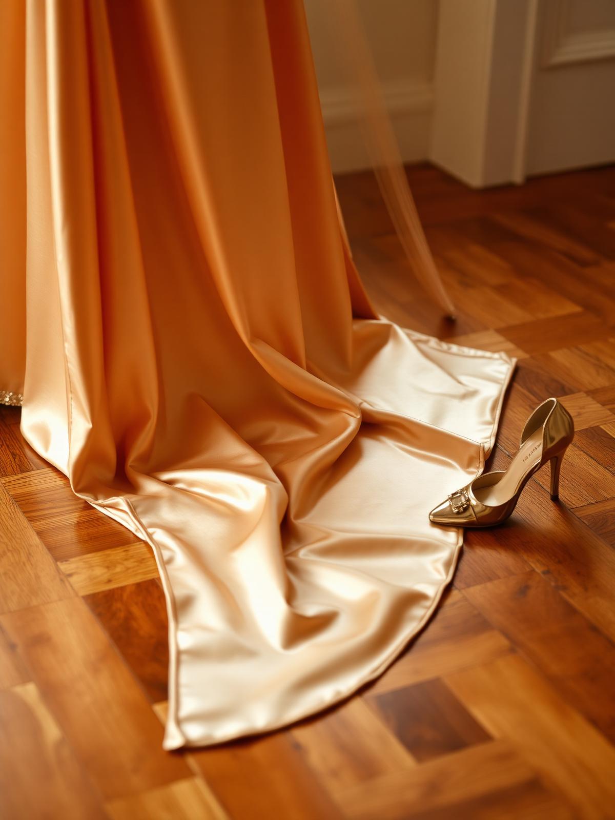 A close detail of a champagne silk gown hem trailing across a polished parquet floor with a single antique gold heeled shoe beside in soft warm light.